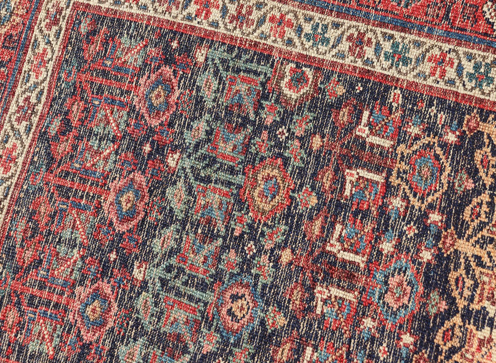 Antique Persian Bidjar Runner with Sub-Geometric Motifs in Red and Blue For Sale 6