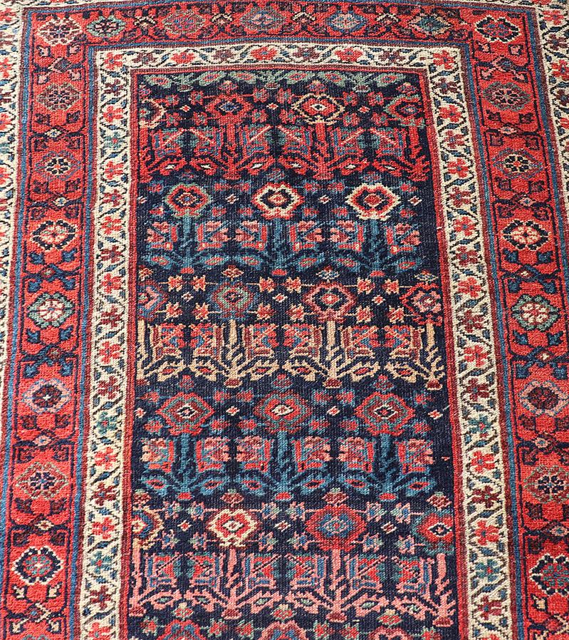 Hand-Knotted Antique Persian Bidjar Runner with Sub-Geometric Motifs in Red and Blue For Sale