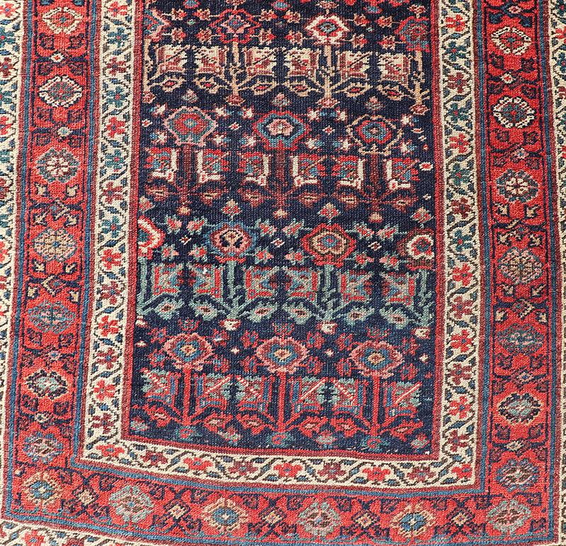 Antique Persian Bidjar Runner with Sub-Geometric Motifs in Red and Blue In Good Condition For Sale In Atlanta, GA