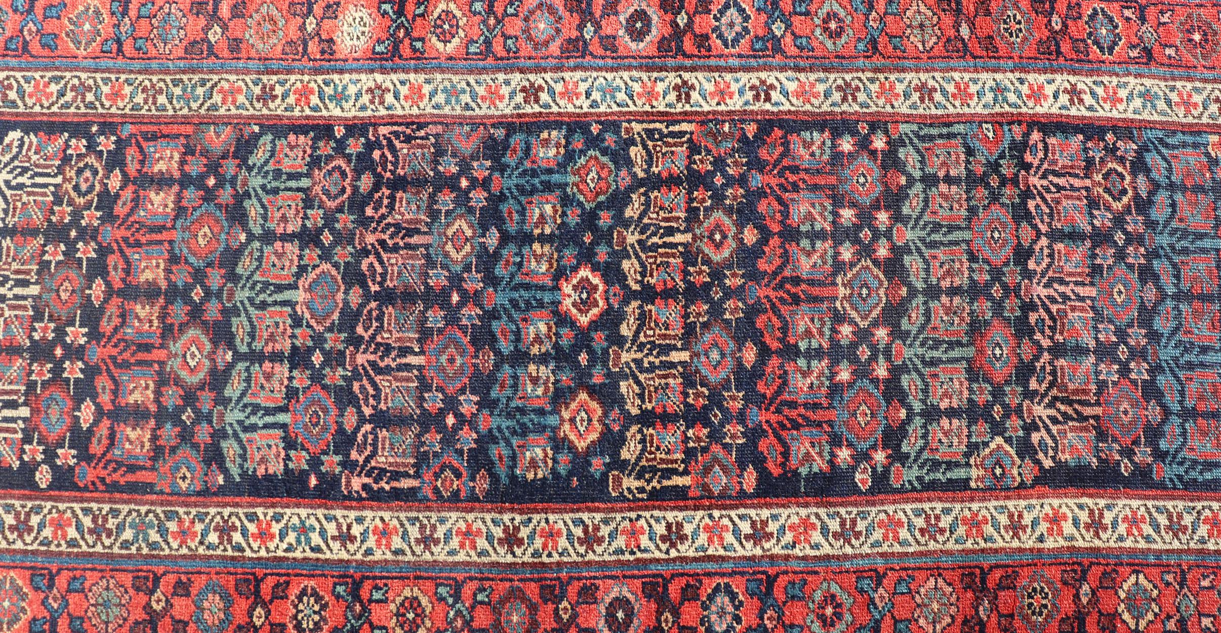 Wool Antique Persian Bidjar Runner with Sub-Geometric Motifs in Red and Blue For Sale