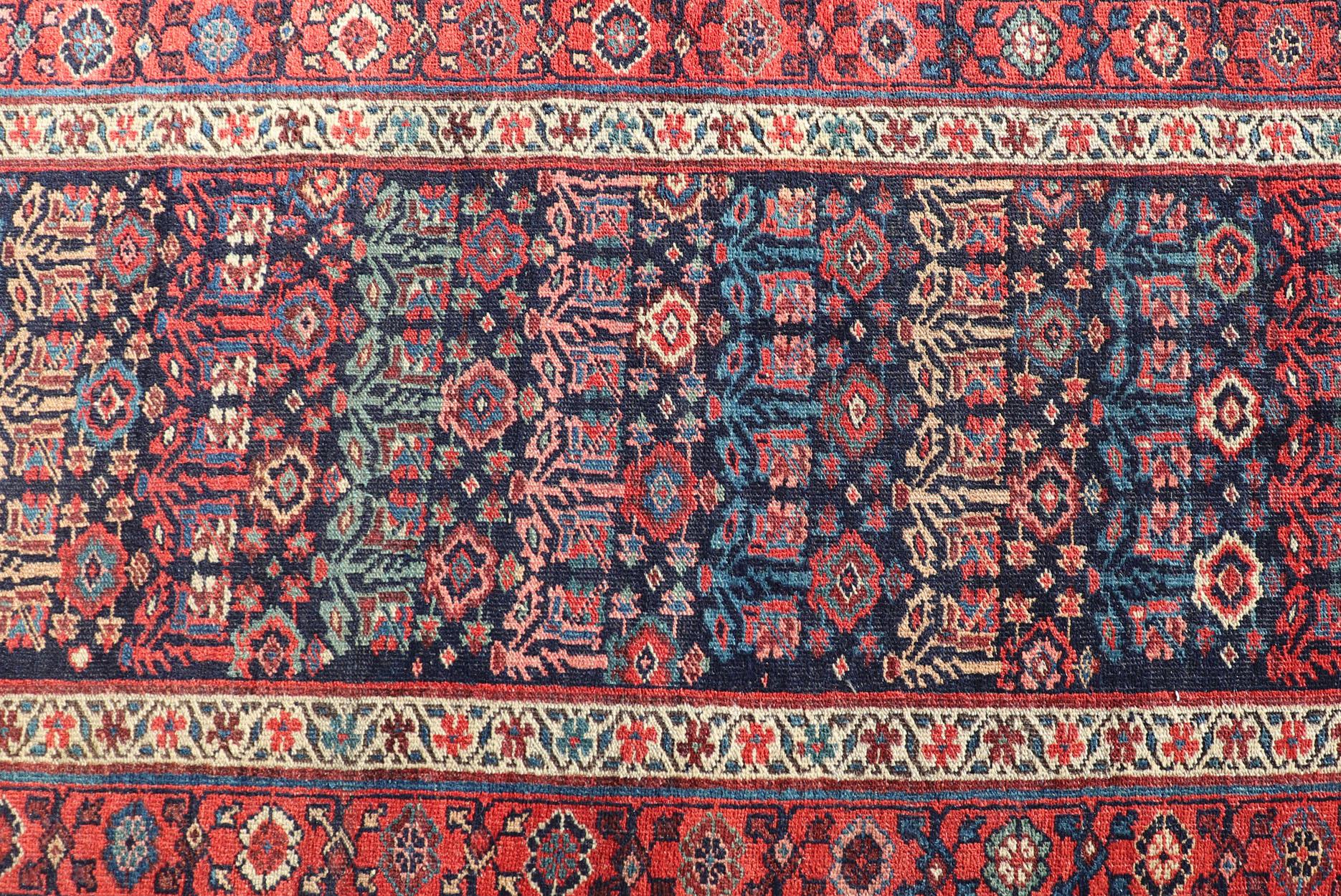 Antique Persian Bidjar Runner with Sub-Geometric Motifs in Red and Blue For Sale 1