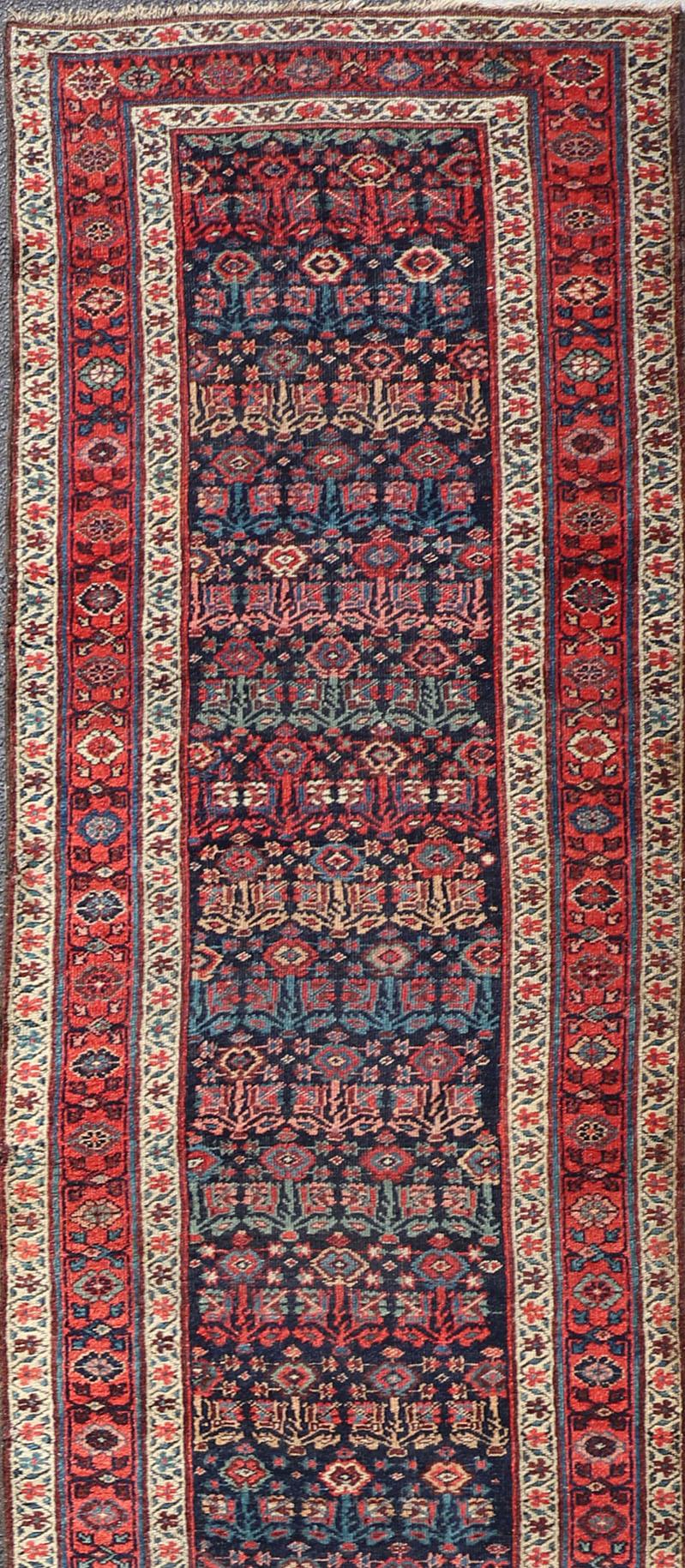 Antique Persian Bidjar Runner with Sub-Geometric Motifs in Red and Blue For Sale 2