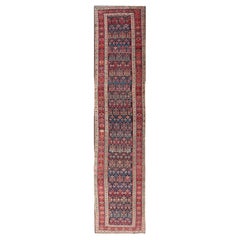 Antique Persian Bidjar Runner with Sub-Geometric Motifs in Red and Blue