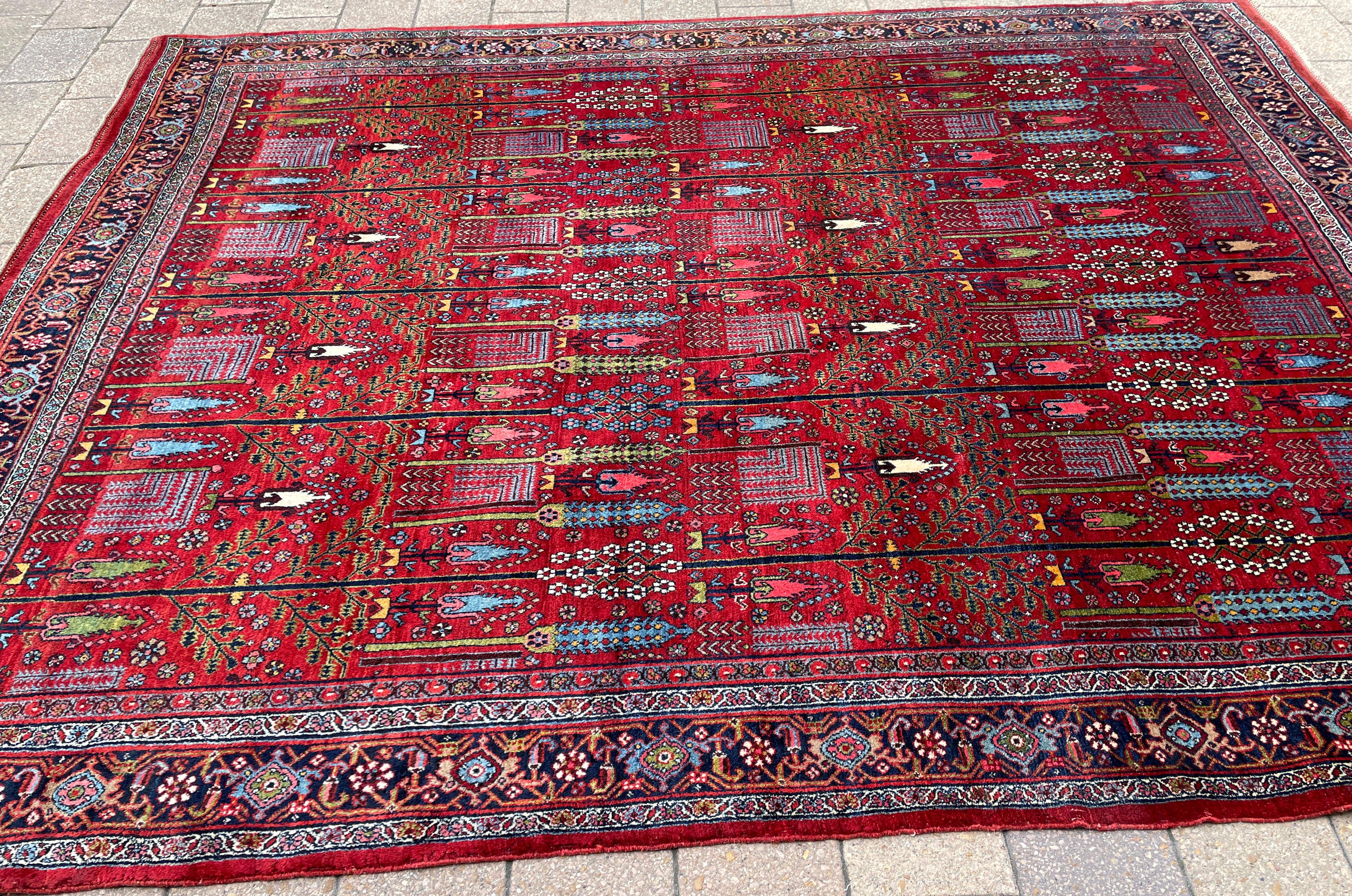Tribal Antique Persian Bijar Halvayi Carpet, Forest Design For Sale