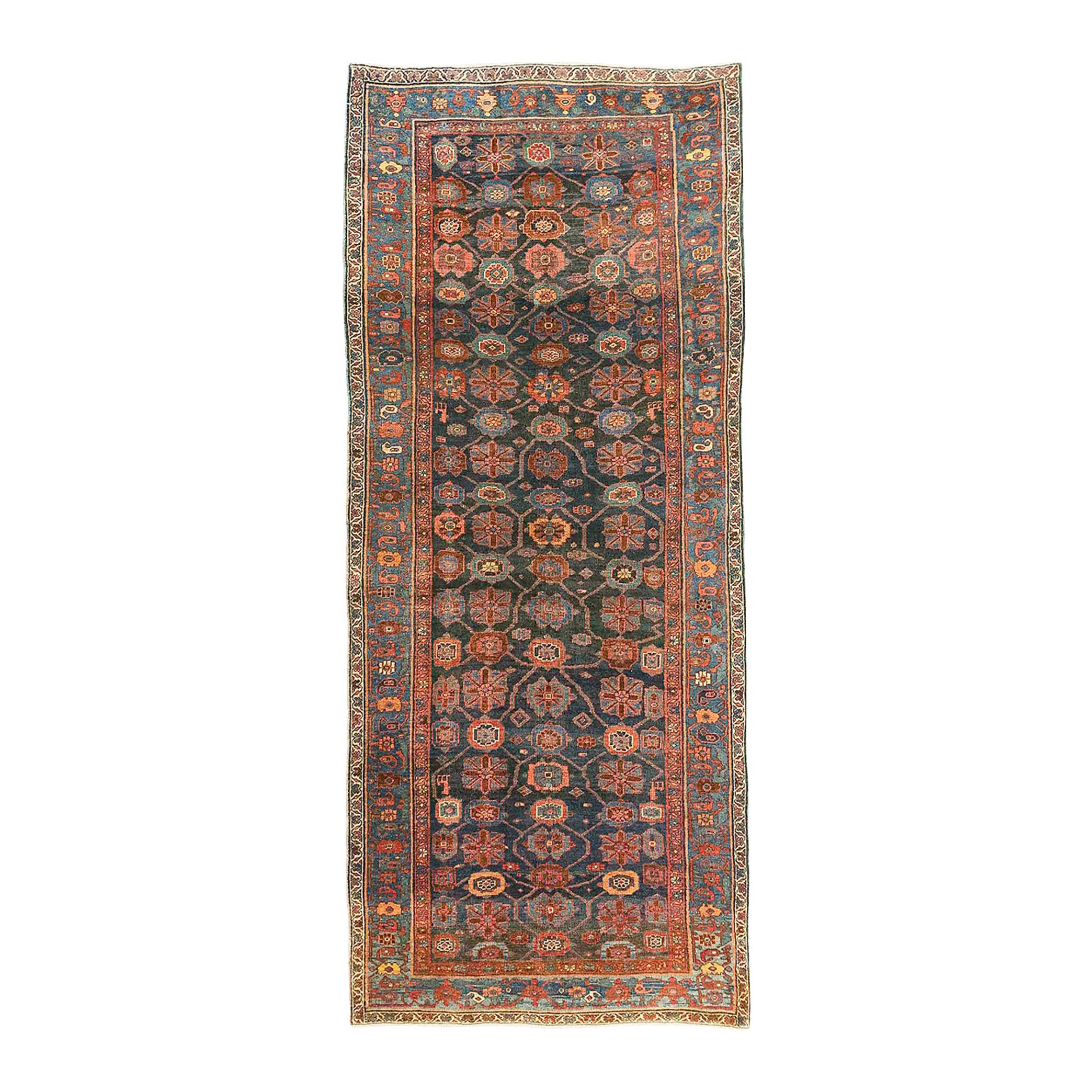 Antique Persian Bijar Rug with Blue and Red Floral Medallion on Black Field