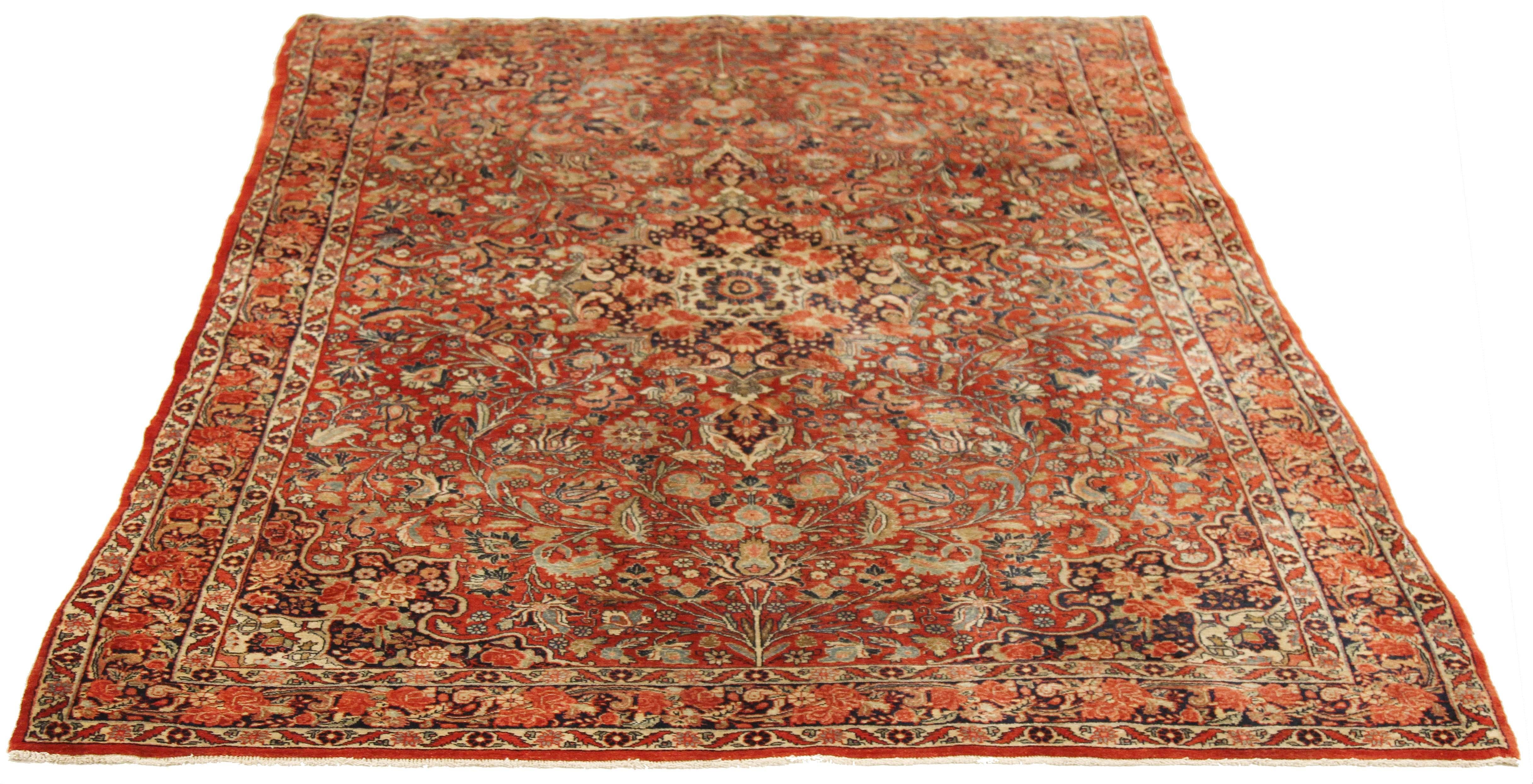 Antique Persian rug handwoven from the finest sheep’s wool and colored with all-natural vegetable dyes that are safe for humans and pets. It’s a traditional Bijar design featuring lovely colors of red, ivory, gray and black. It has all-over rows of