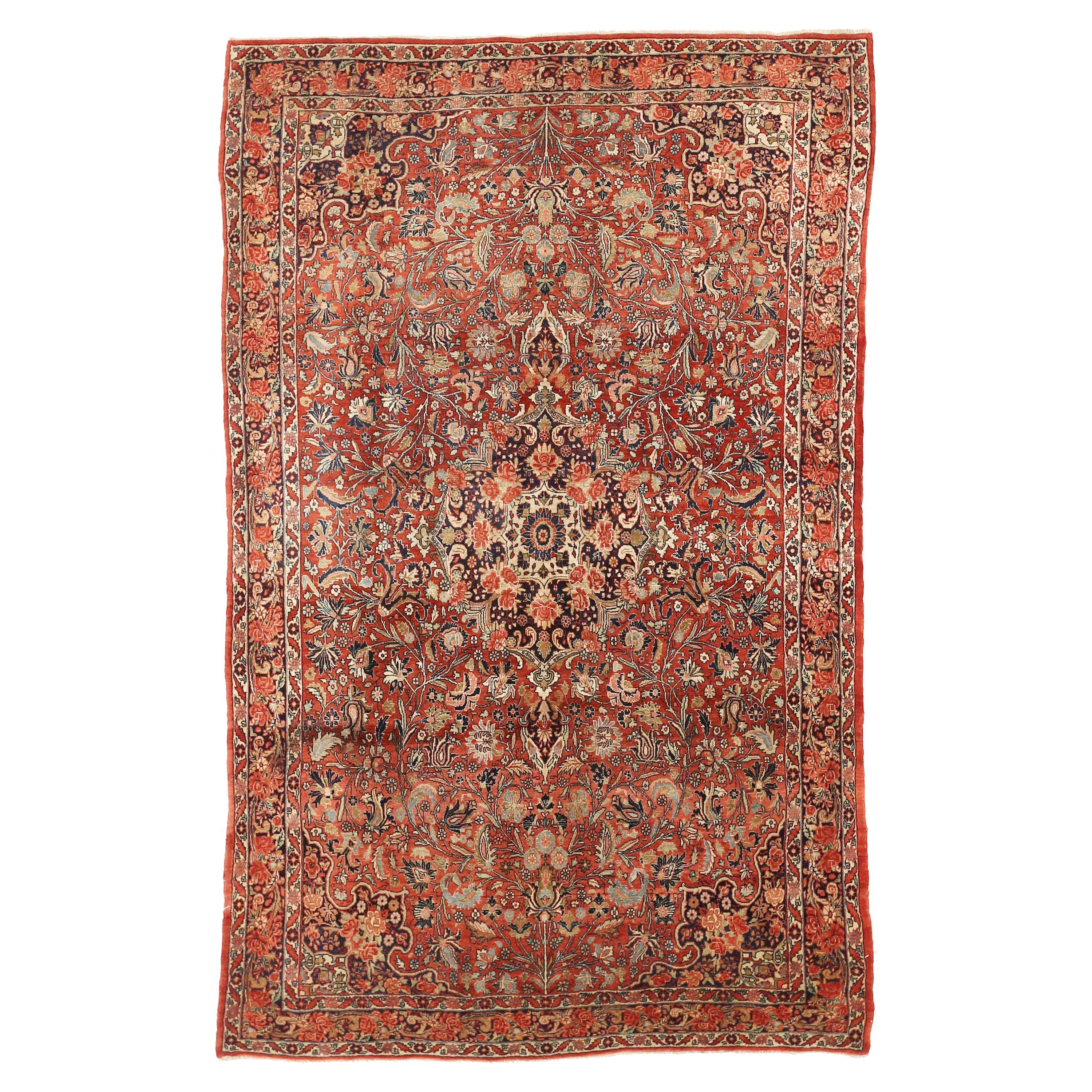 Antique Persian Bijar Rug with Ivory and Black Floral Details on Red Field