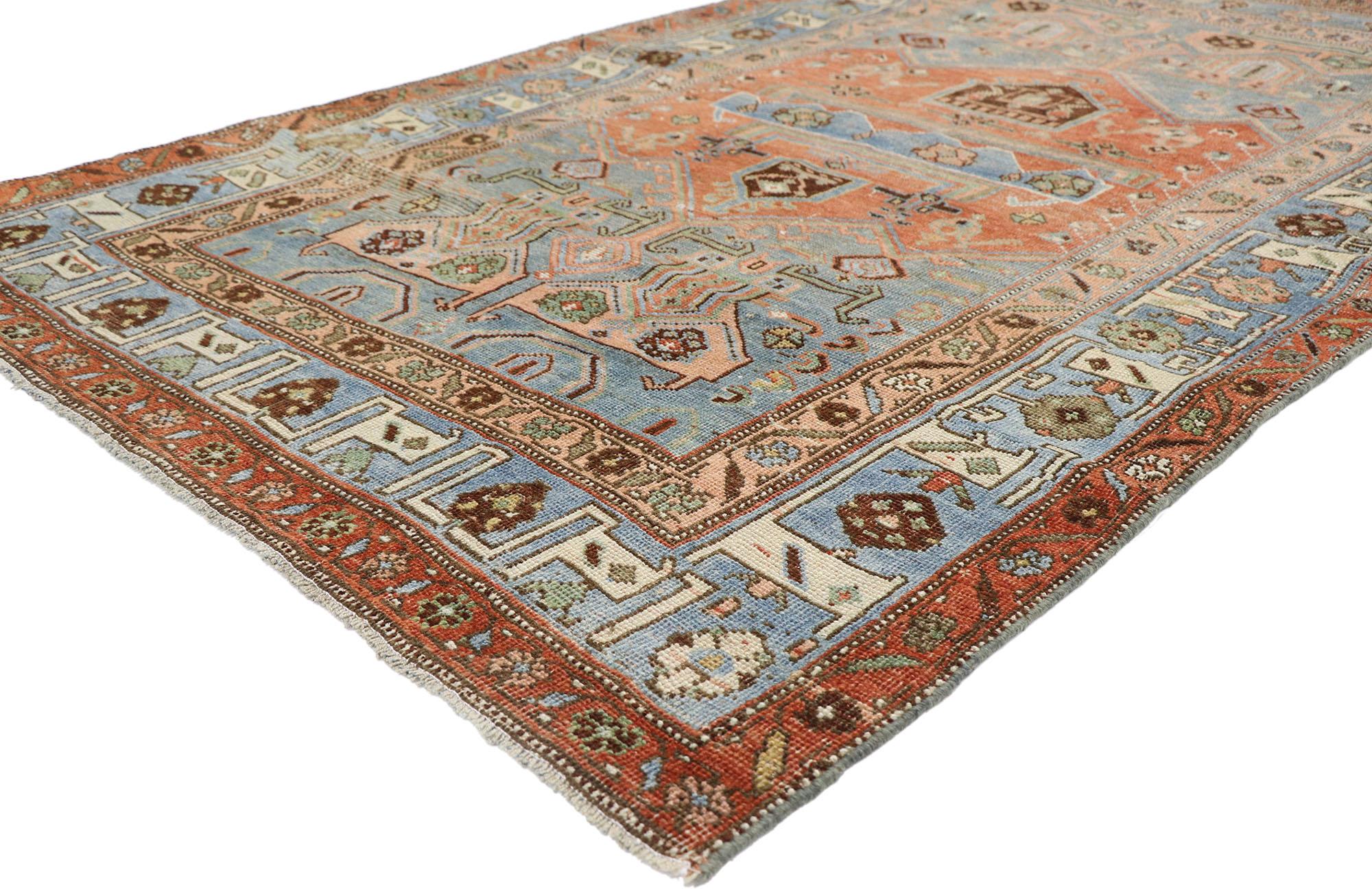 60925, antique Persian Bijar rug with Modern Rustic Tribal style. Balancing traditional sensibility and tribal design elements with nostalgic charm, this hand knotted wool antique Persian Bijar rug can beautifully blend modern, traditional, rustic,