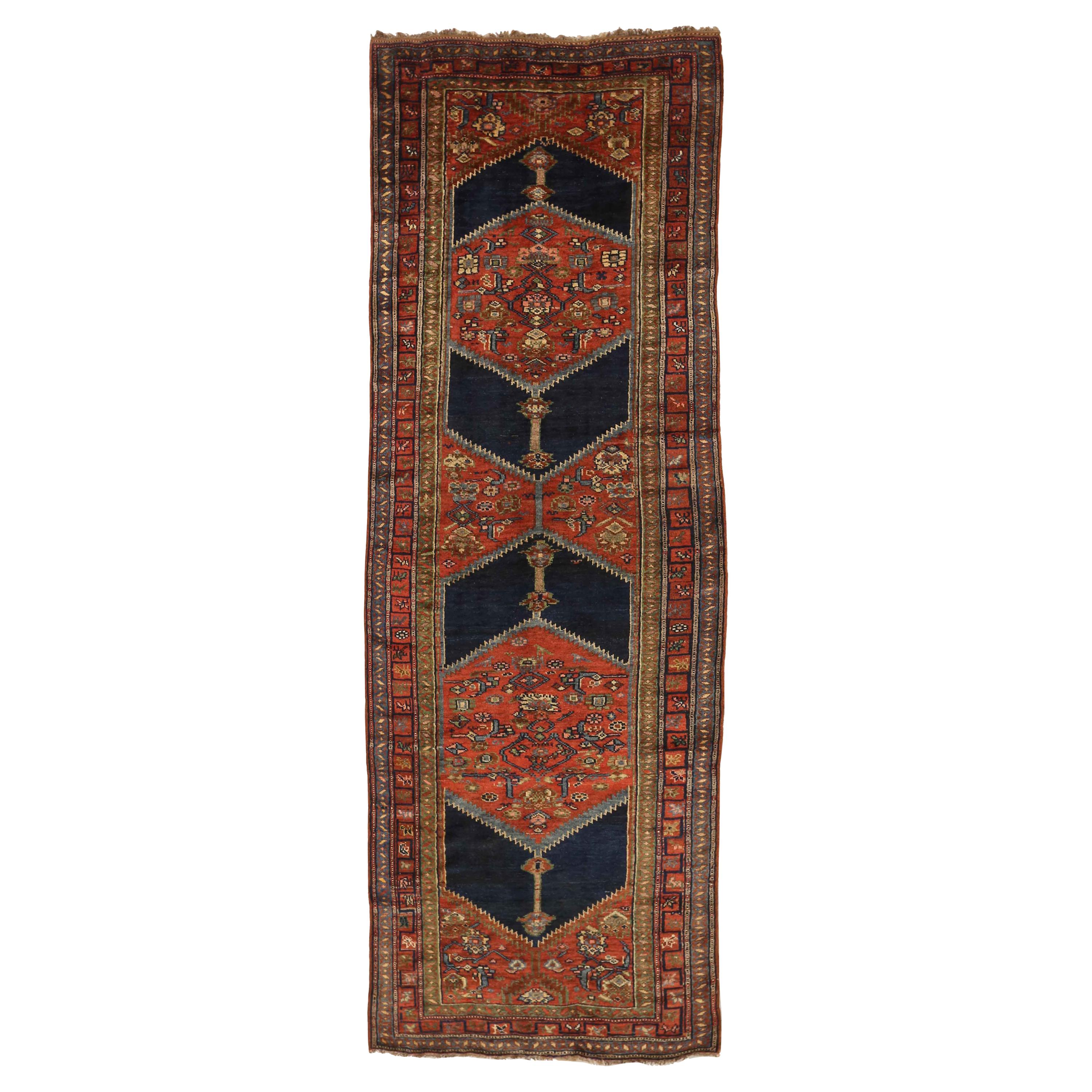 Antique Persian Bijar Rug with Navy Blue ‘Arrowheads’ on Red Center Field