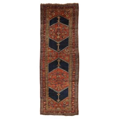 Vintage Persian Bijar Rug with Navy Blue ‘Arrowheads’ on Red Center Field