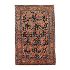Antique Persian Bijar Rug with Pink and Green Floral Motif on Black Center Field