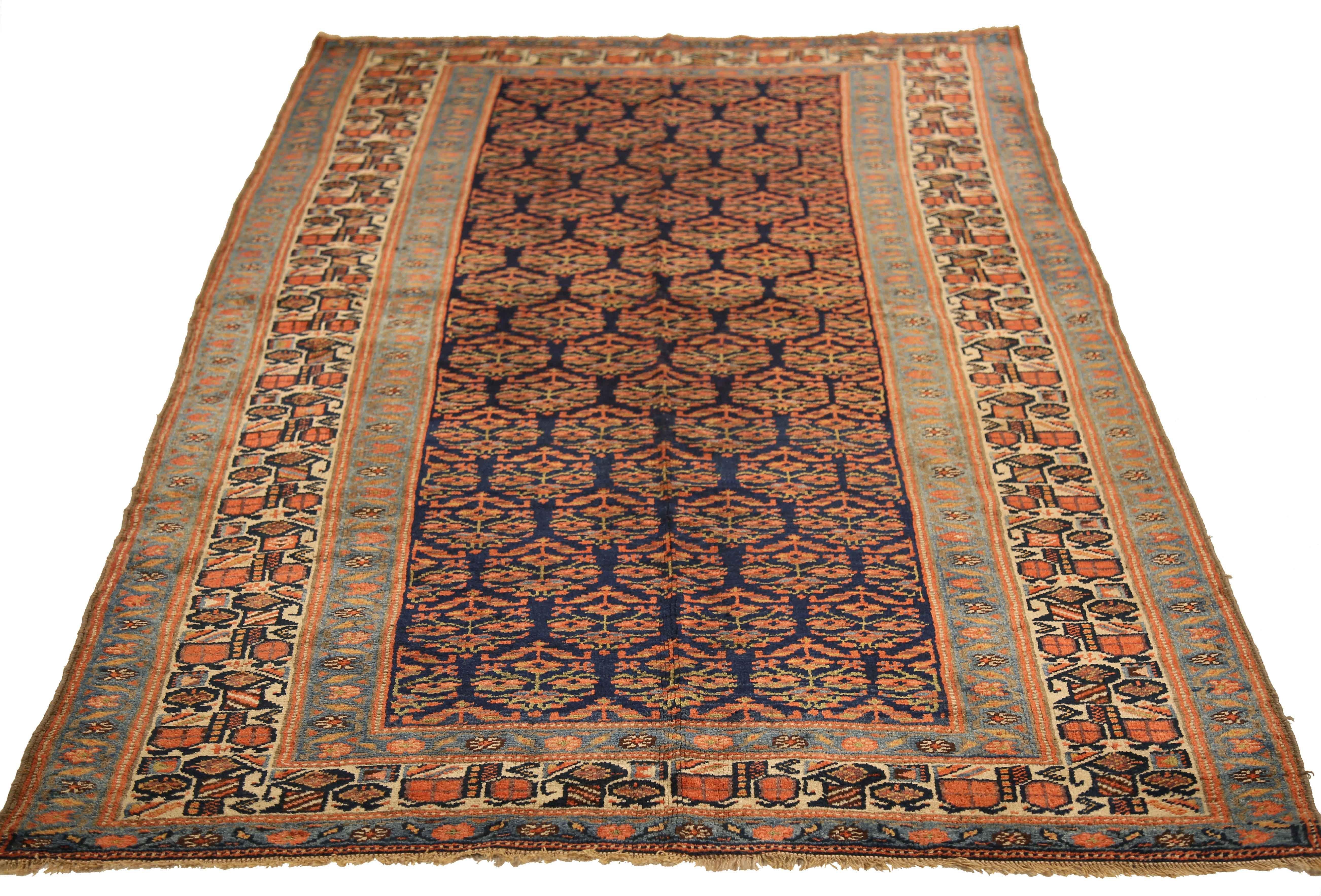 Hand-Woven Antique Persian Bijar Rug with Red & Green Medallions on Navy Blue Center Field For Sale