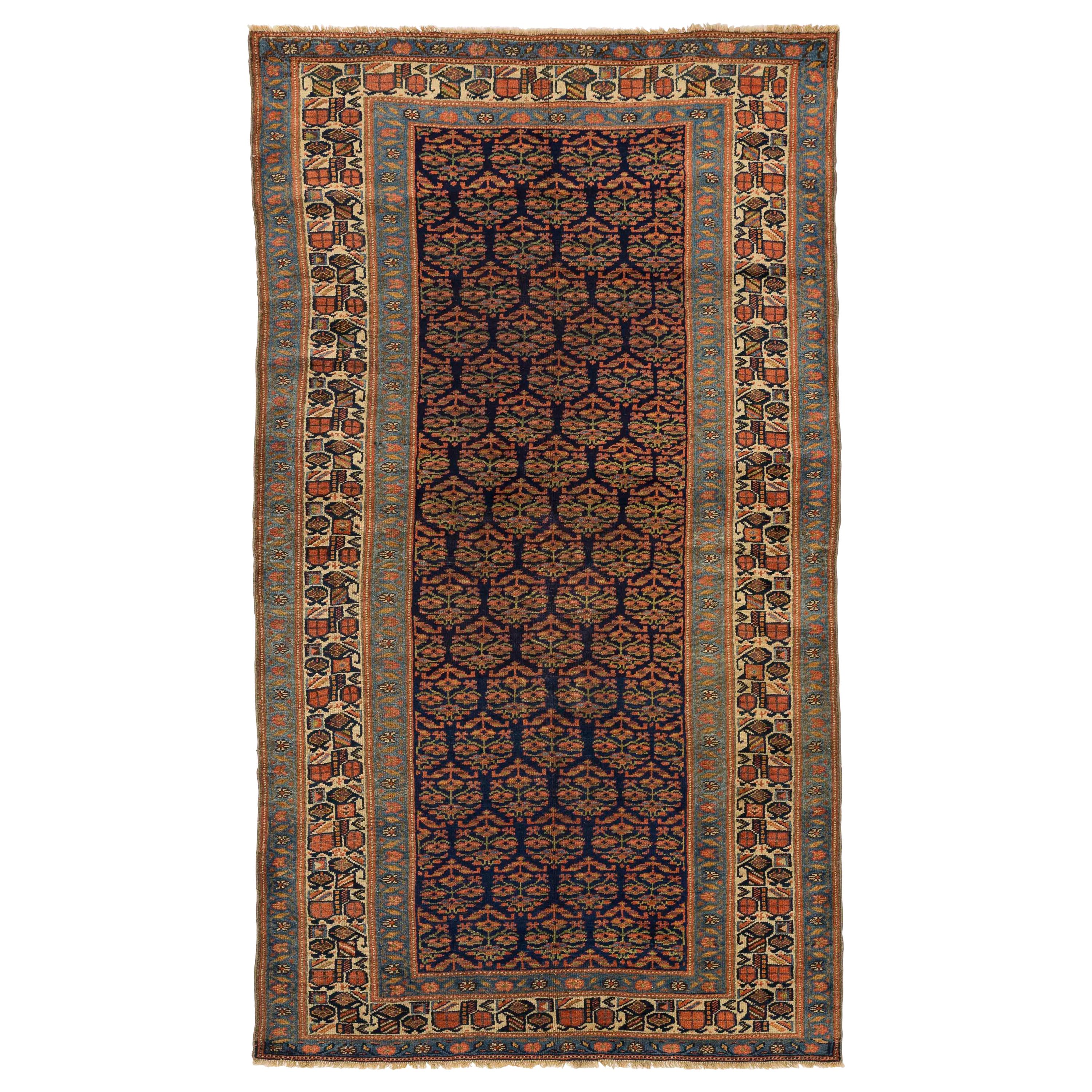 Antique Persian Bijar Rug with Red & Green Medallions on Navy Blue Center Field For Sale