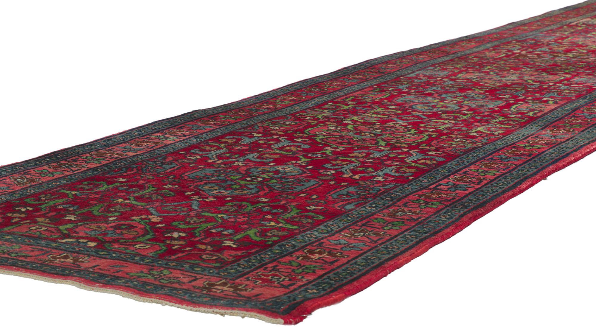 78281 Antique Persian Bijar runner 3'08 x 18'03. Full of tiny details and a bold expressive design combined with tribal style, this hand-knotted wool antique Persian Bijar runner is a captivating vision of woven beauty. The abrashed red field