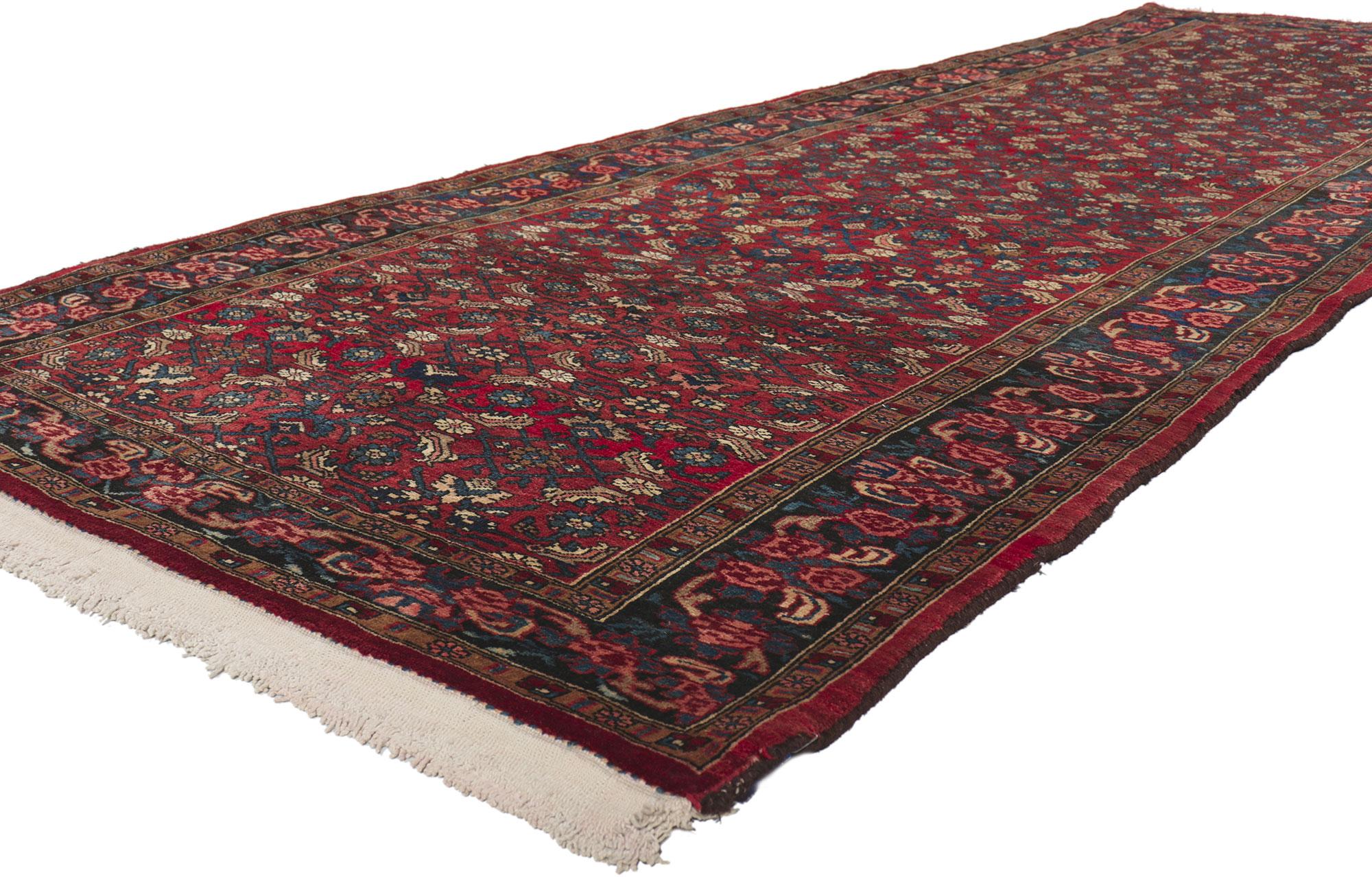 61175 Antique Persian Bijar Runner, 04'04 x 12'05.
?With its effortless beauty, incredible detail and texture, this hand knotted wool antique Persian Bijar runner is a captivating vision of woven beauty. The Classic Herati design and refined