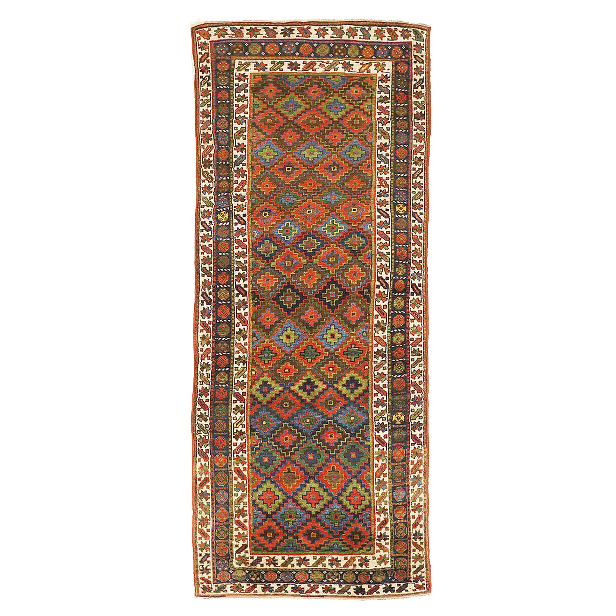 Antique Persian Bijar Runner Rug with Blue and Green Allover Floral Motifs For Sale