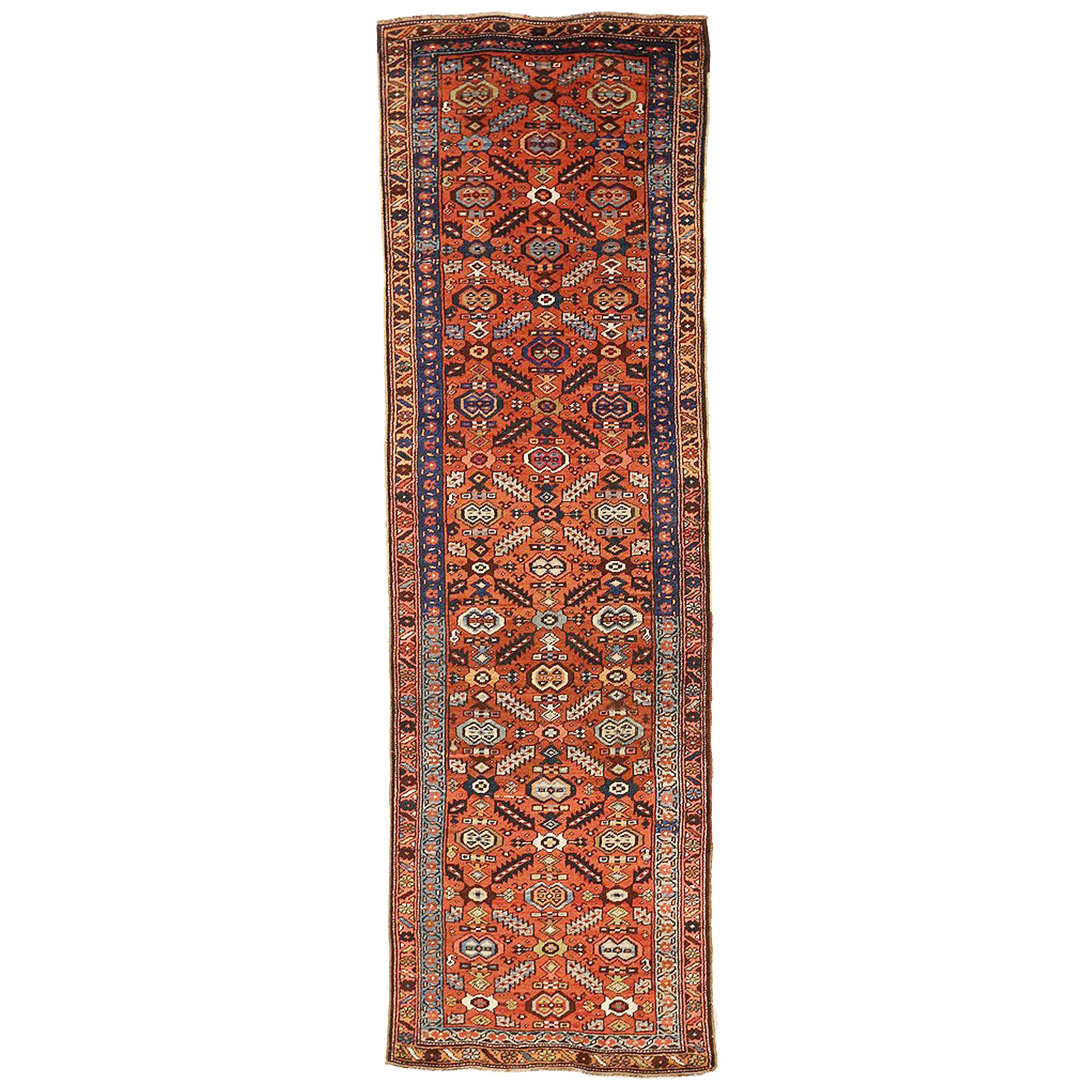 Antique Persian Bijar Runner Rug with Blue & White Floral Medallions