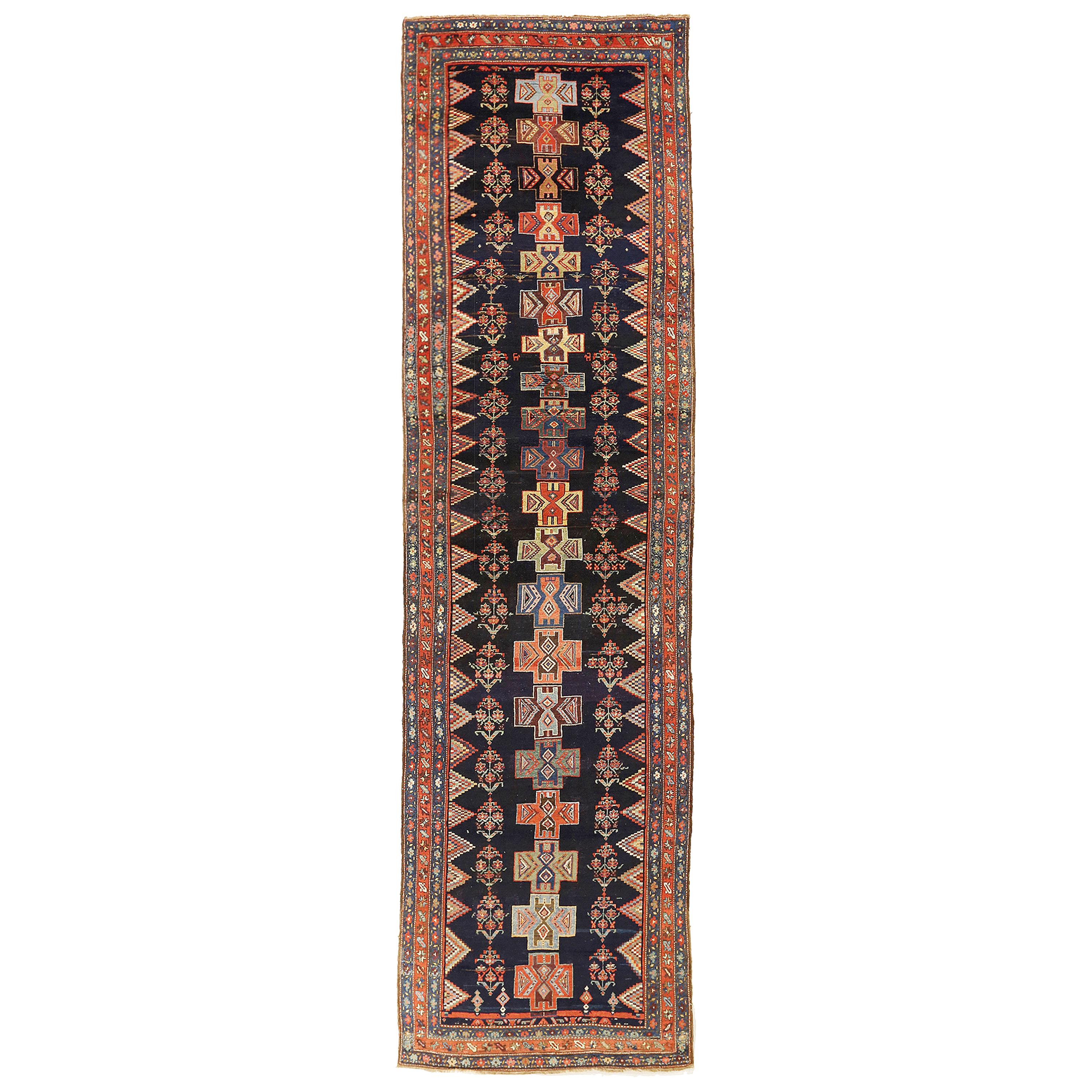 Antique Persian Bijar Runner Rug with Colored Cross and Flower Medallions