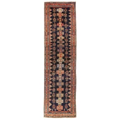 cross medallions Antique Persian Bijar Runner Rug with Colored Cross and Flower Medallions