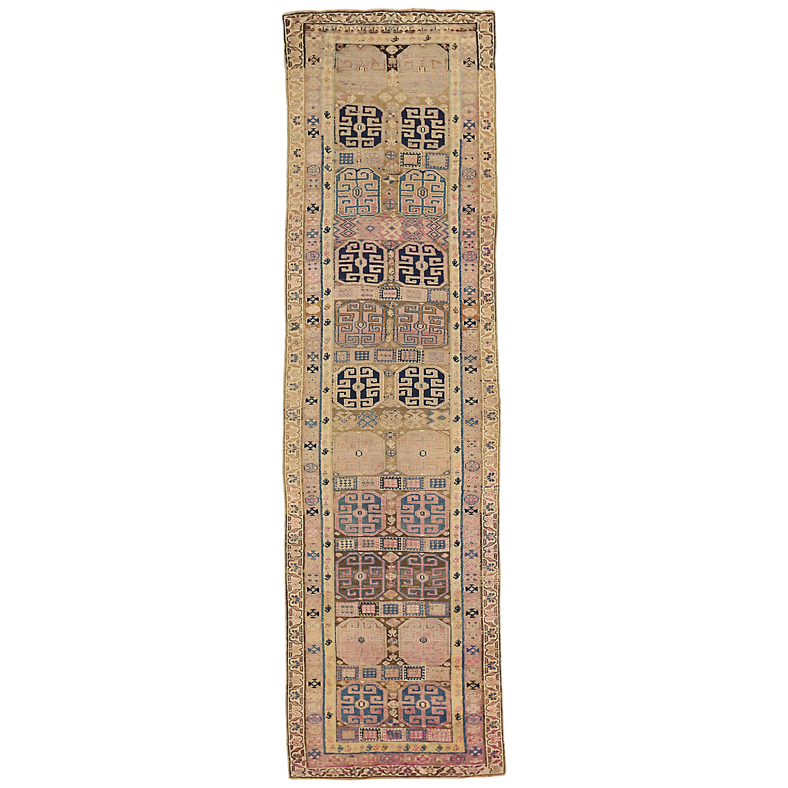 Antique Persian Bijar Runner Rug with Colored Medallion Details For Sale