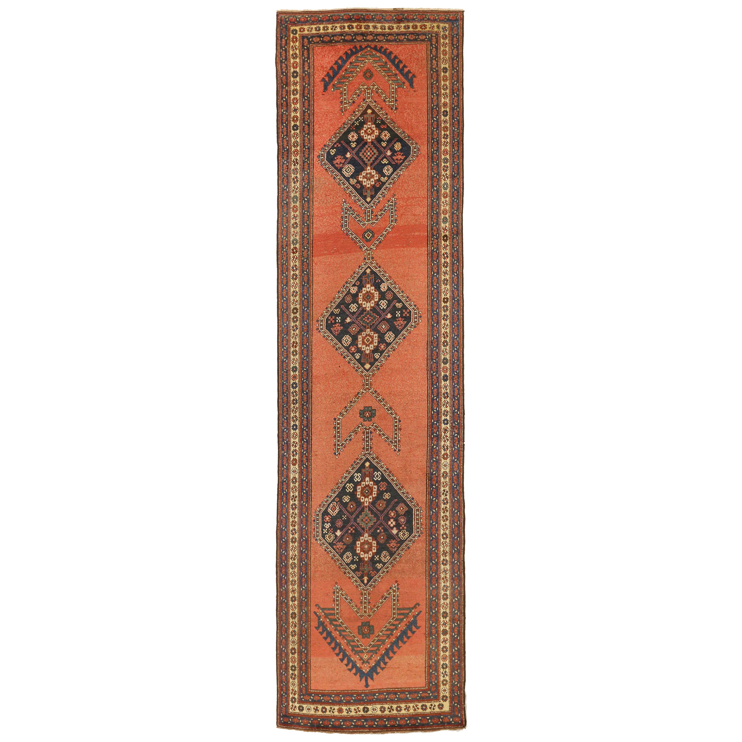 Antique Persian Bijar Runner Rug with Diamond Floral Medallions For Sale