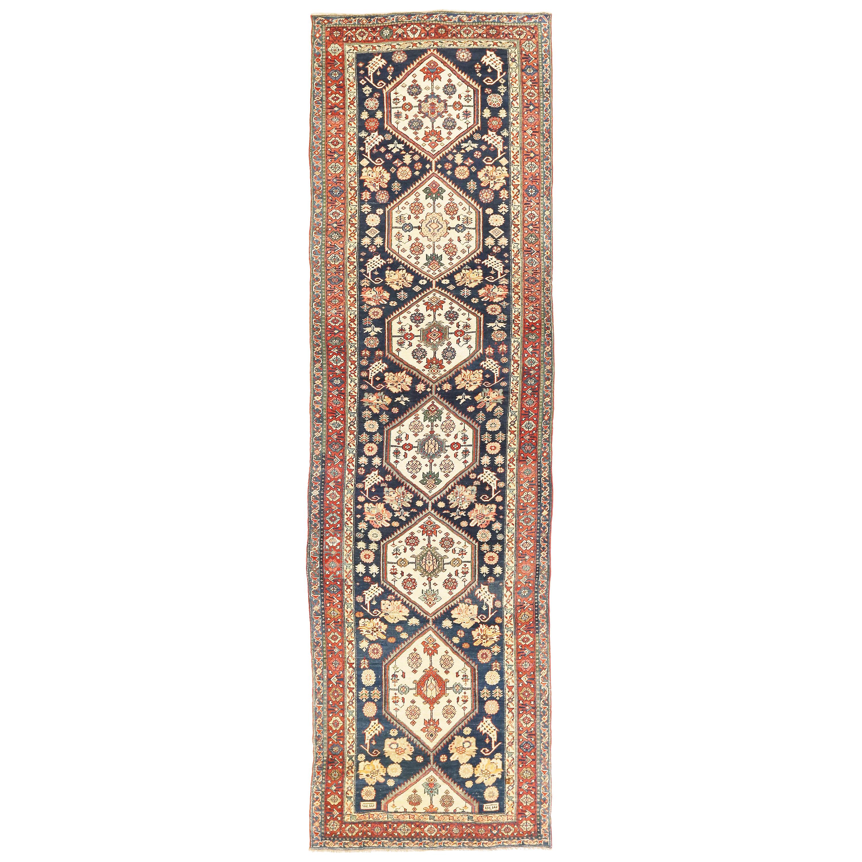 Antique Persian Bijar Runner Rug with Ivory Floral Medallions For Sale