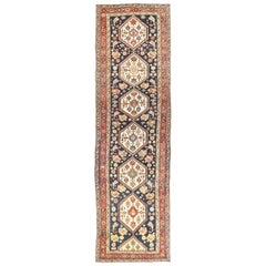 Antique Persian Bijar Runner Rug with Ivory Floral Medallions