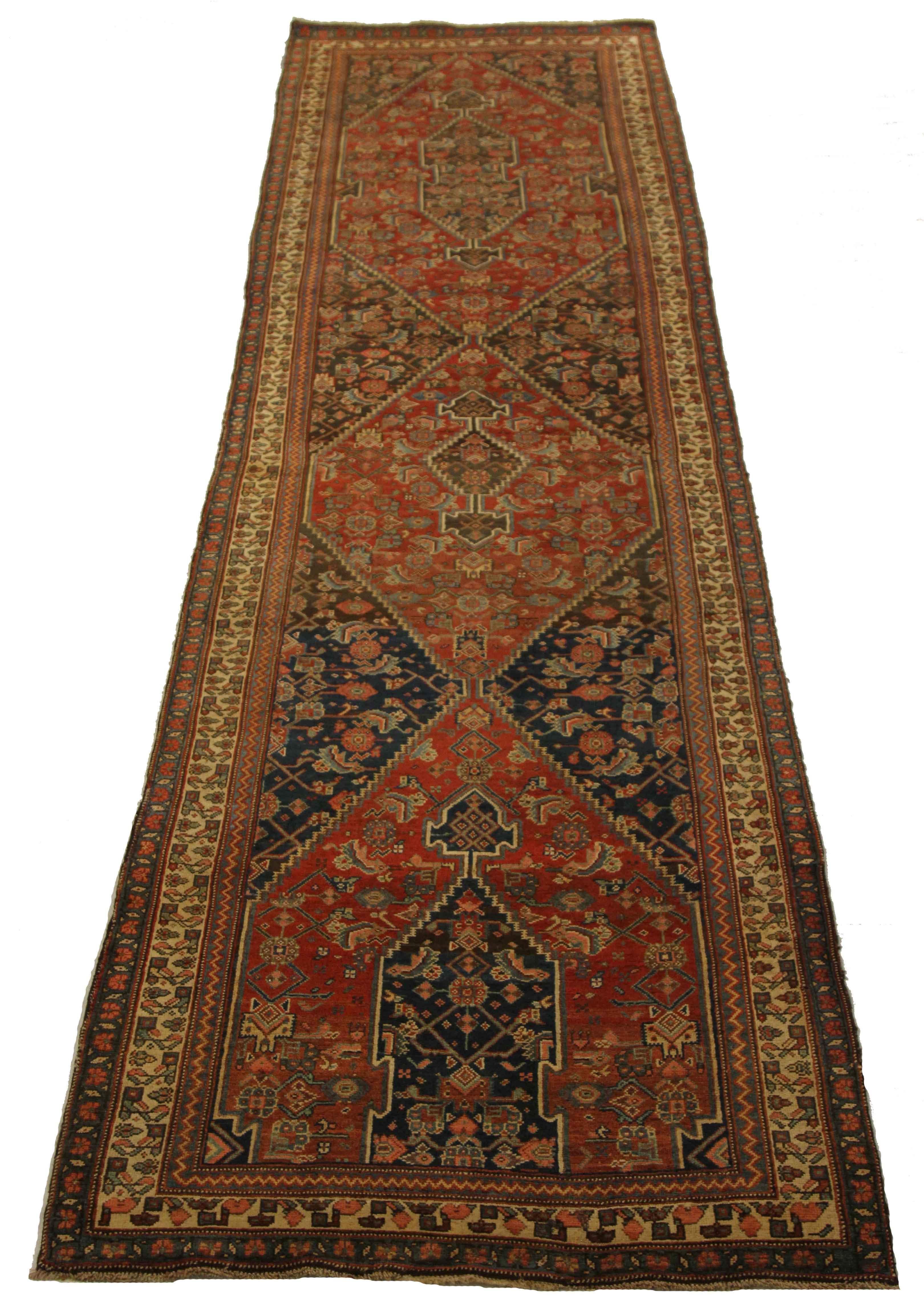 Oushak Antique Persian Bijar Runner Rug with Navy Blue and Red Floral Medallions For Sale