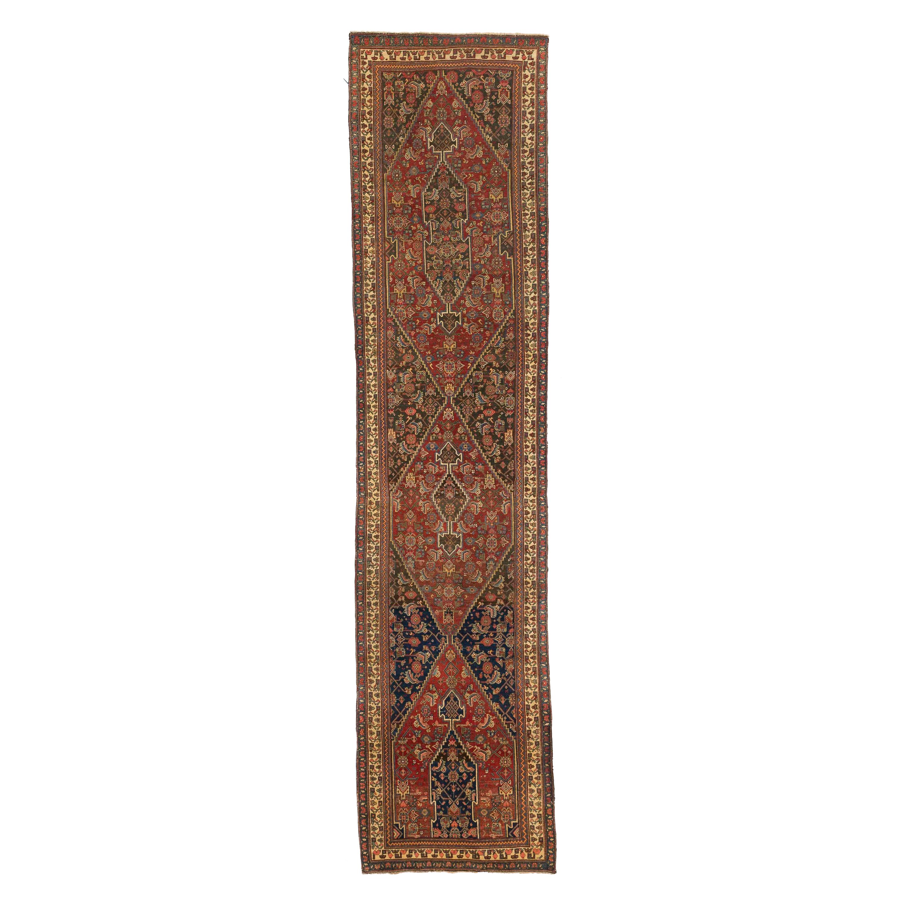 Antique Persian Bijar Runner Rug with Navy Blue and Red Floral Medallions For Sale