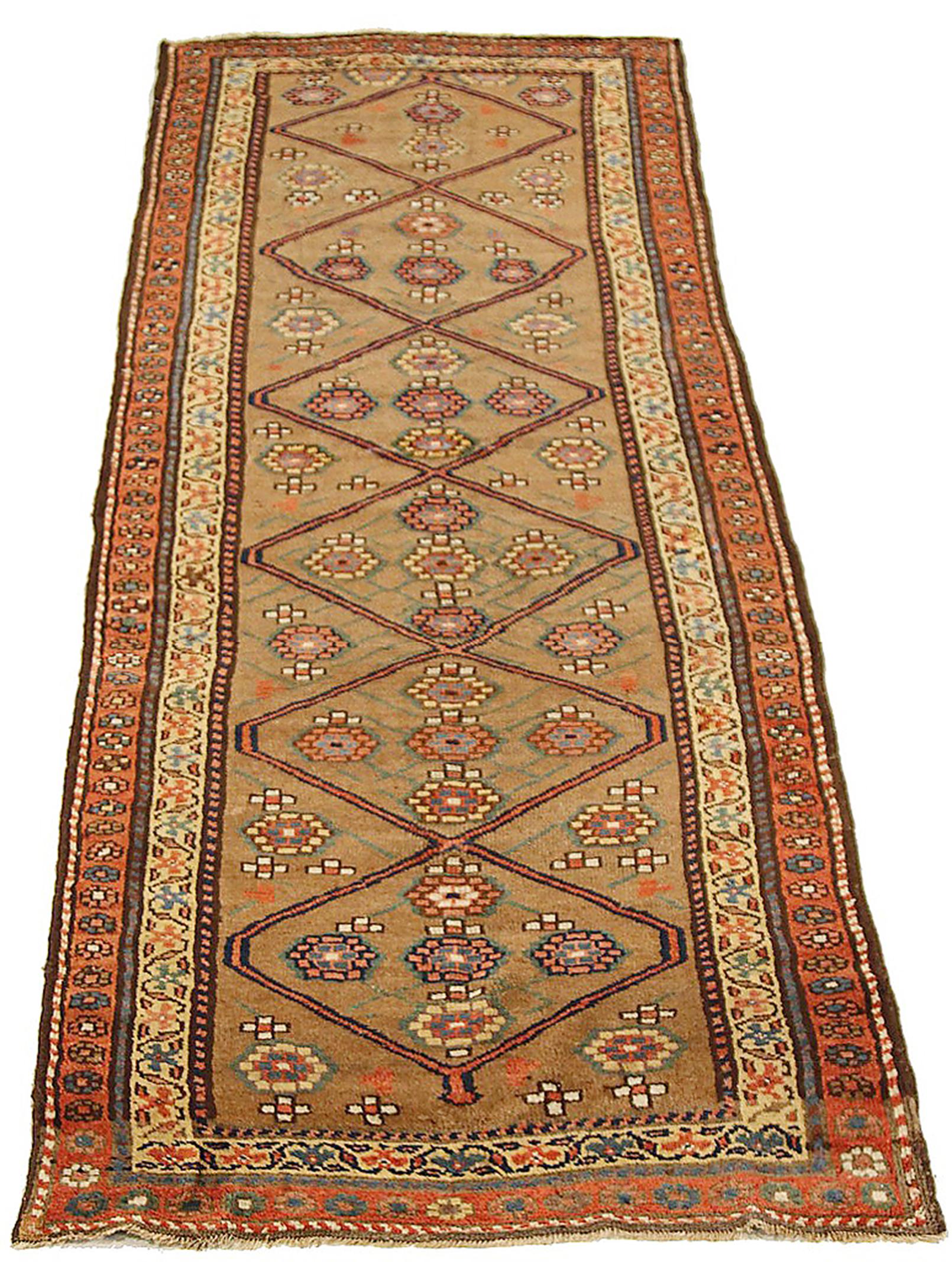 Islamic Antique Persian Bijar Runner Rug with Orange & Yellow Floral Medallions For Sale