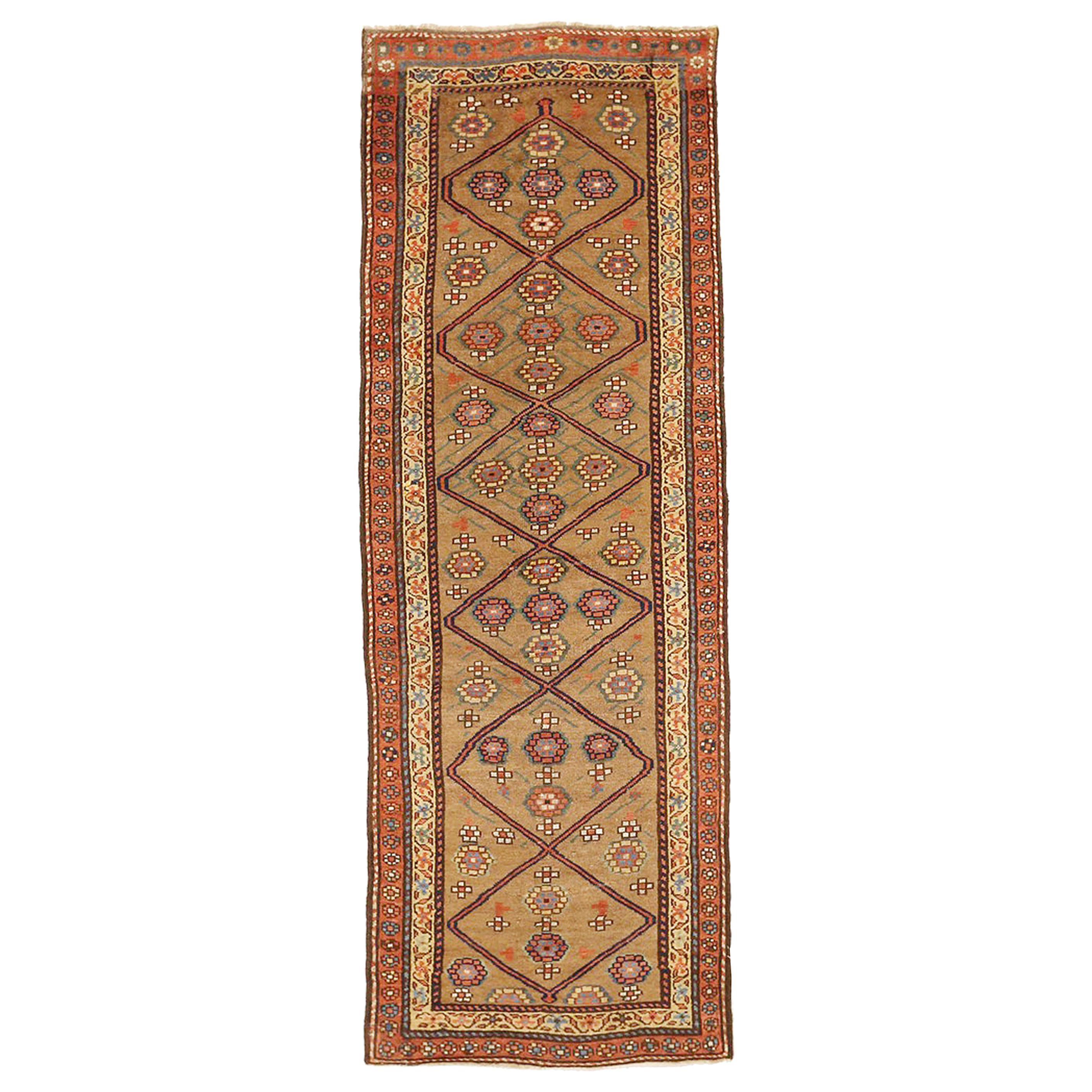 Antique Persian Bijar Runner Rug with Orange & Yellow Floral Medallions For Sale