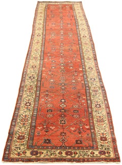 Antique Persian Bijar Runner Rug with Red and Yellow Floral Field