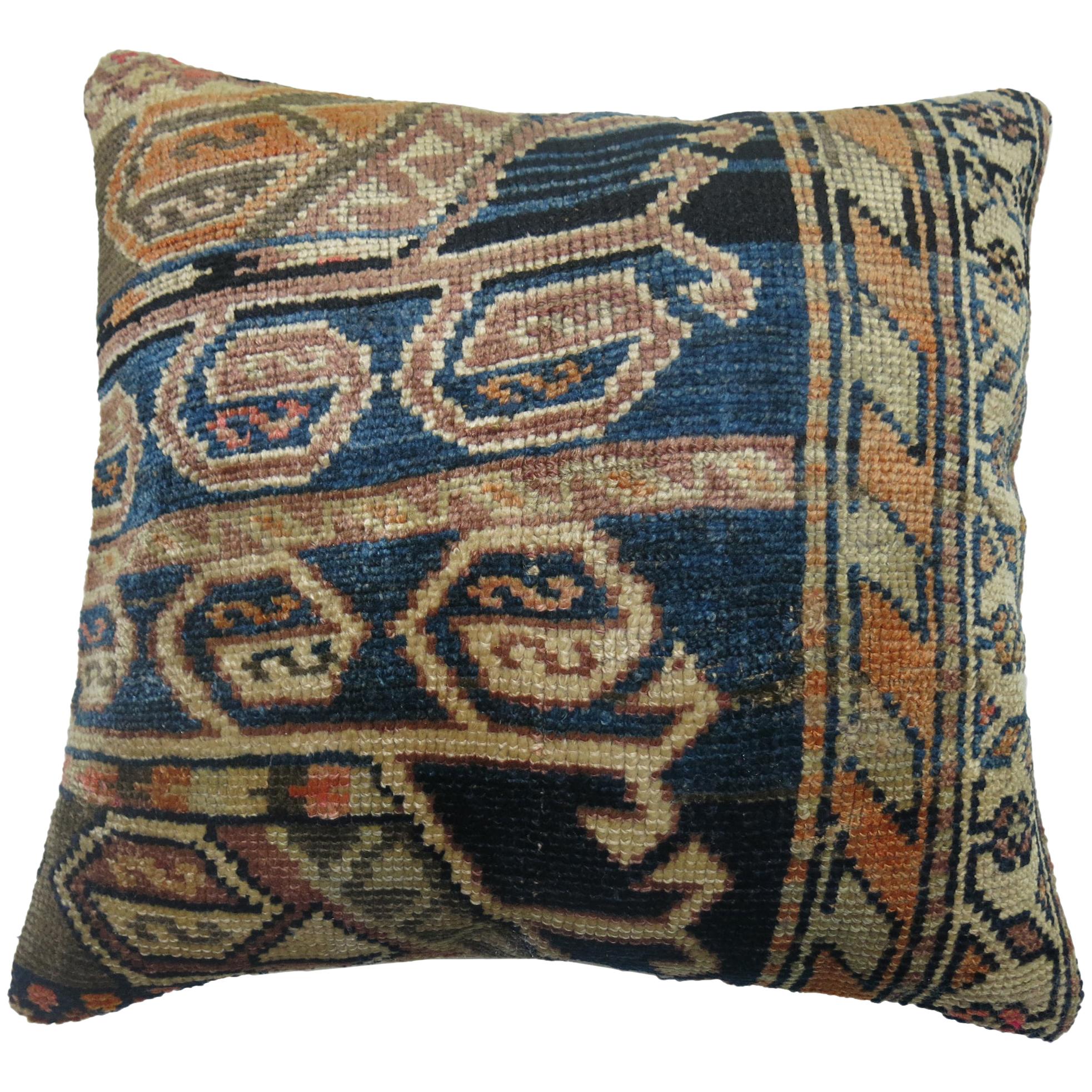 Antique Persian Blue Orange Accent Oriental Rug Pillow For Sale