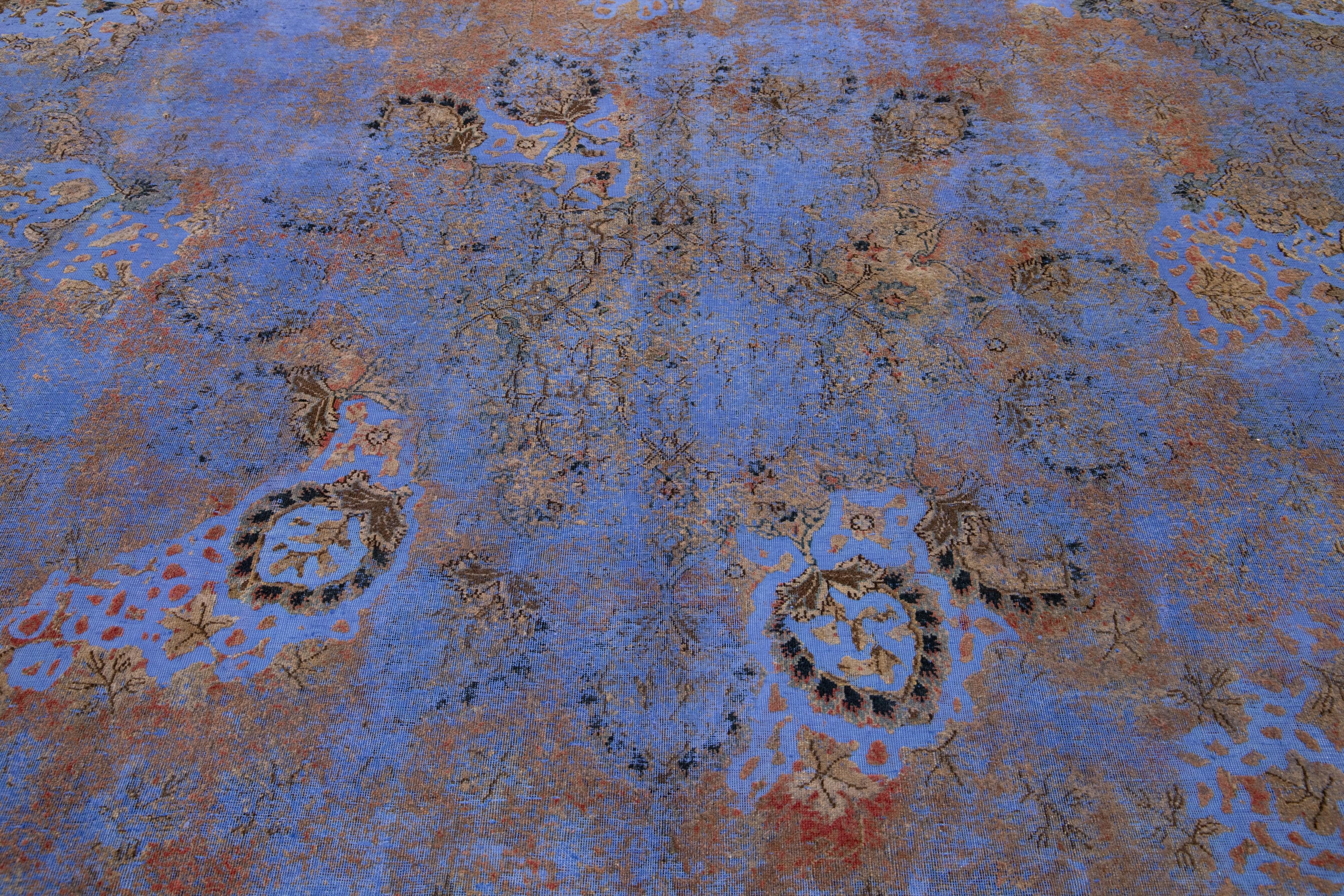 Antique Persian Blue Overdyed Wool Rug With Allover Floral Pattern For Sale 2