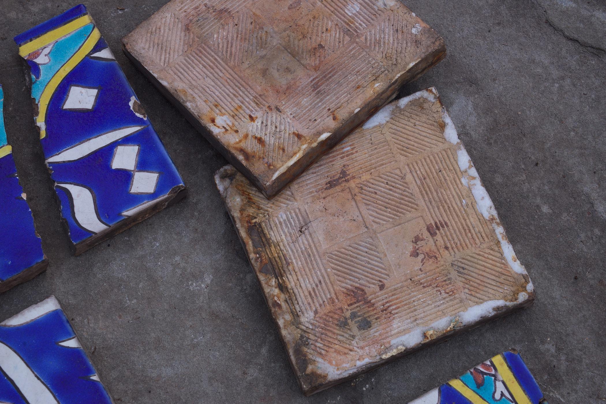 Antique Persian Blue Tiles Scene Islamic Koranic Script, Set 6 In Distressed Condition In Hyattsville, MD