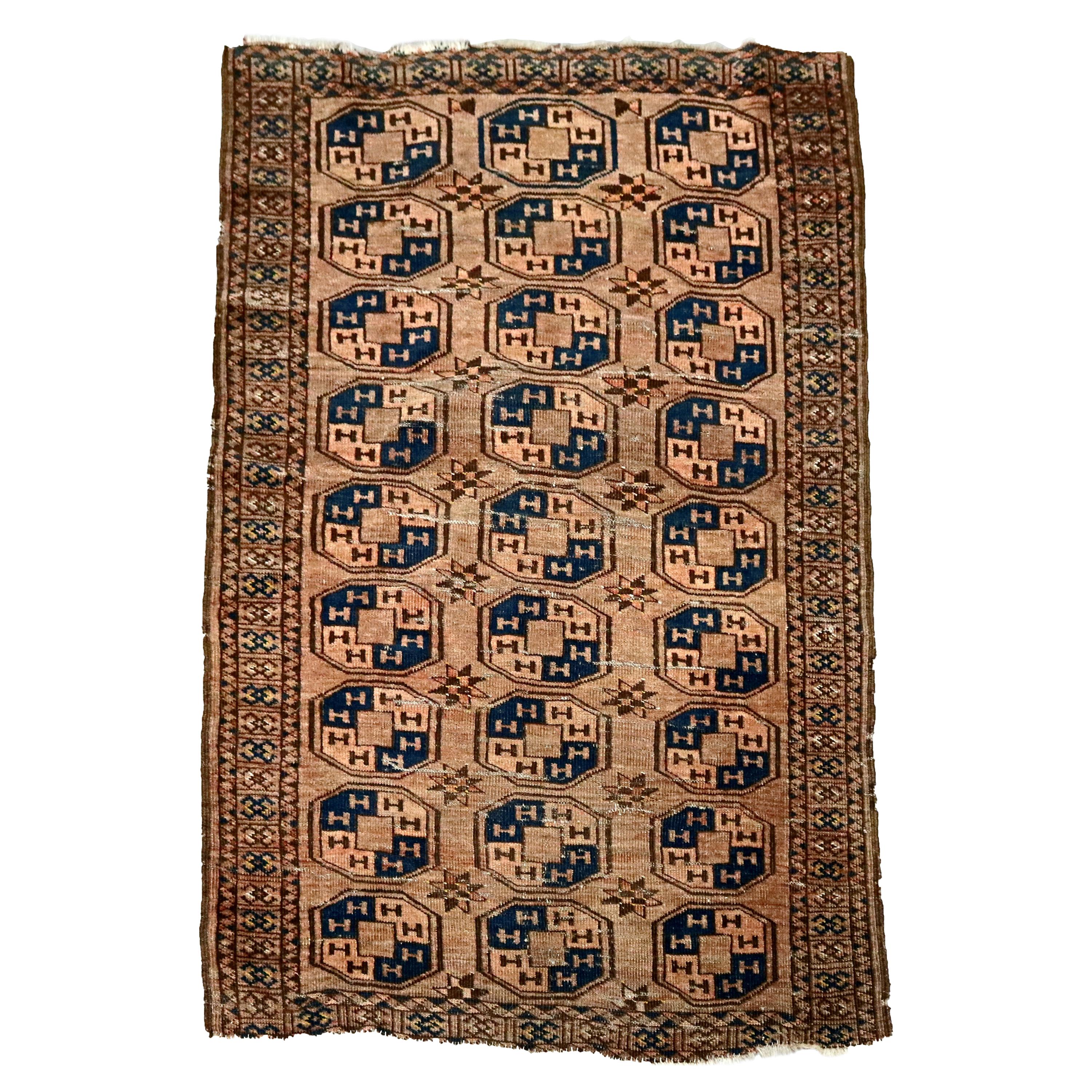 Antique Persian Bokhara Hand Knotted Nomadic Tribal Rug, circa 1920