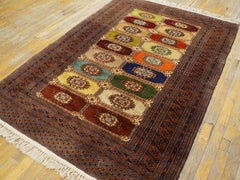 1980s Multicolor Geometric Vintage Bukhara Rug Handknotted Wool Carpet