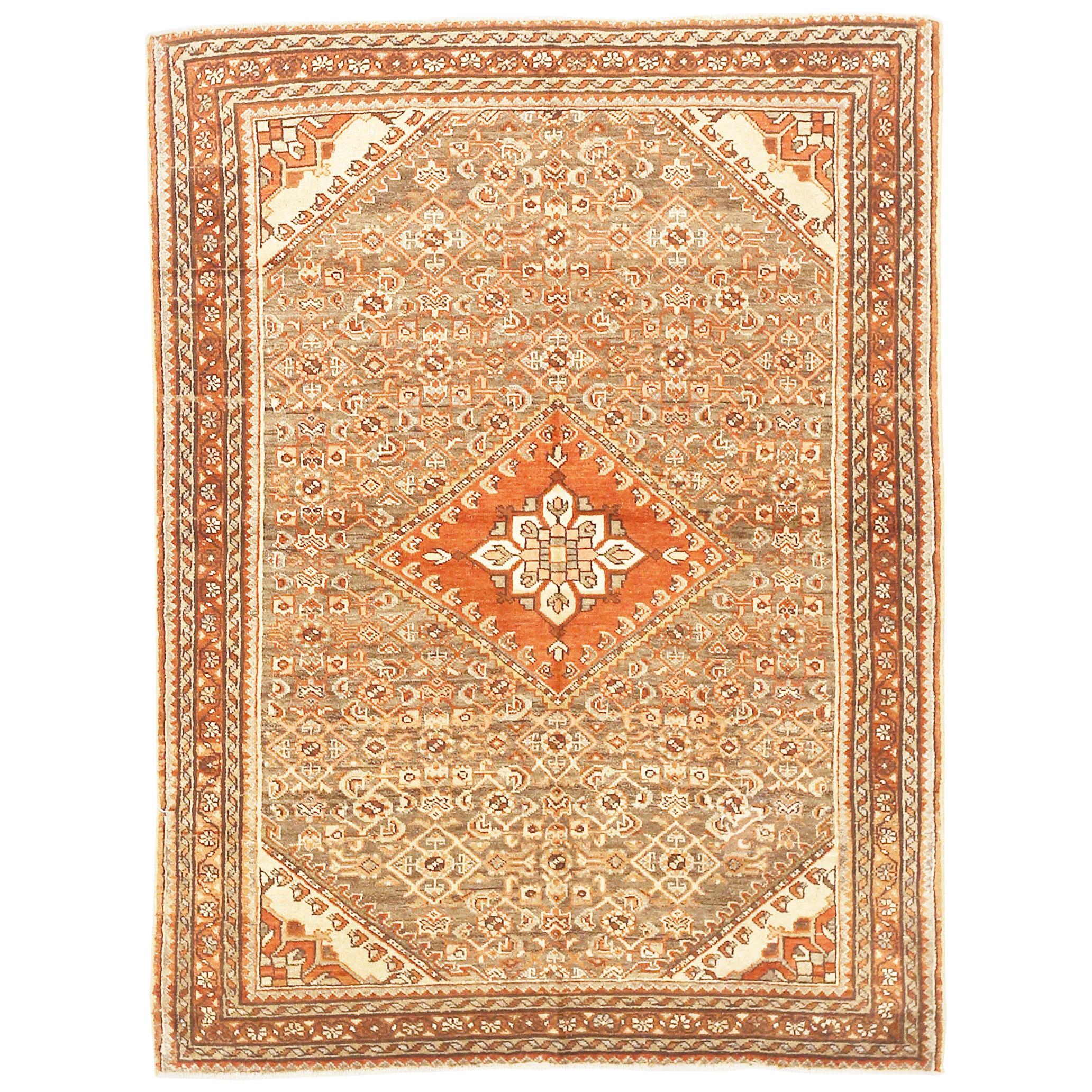 Antique Persian Borchalo Rug with Brown & White Diamond Central Medallion
