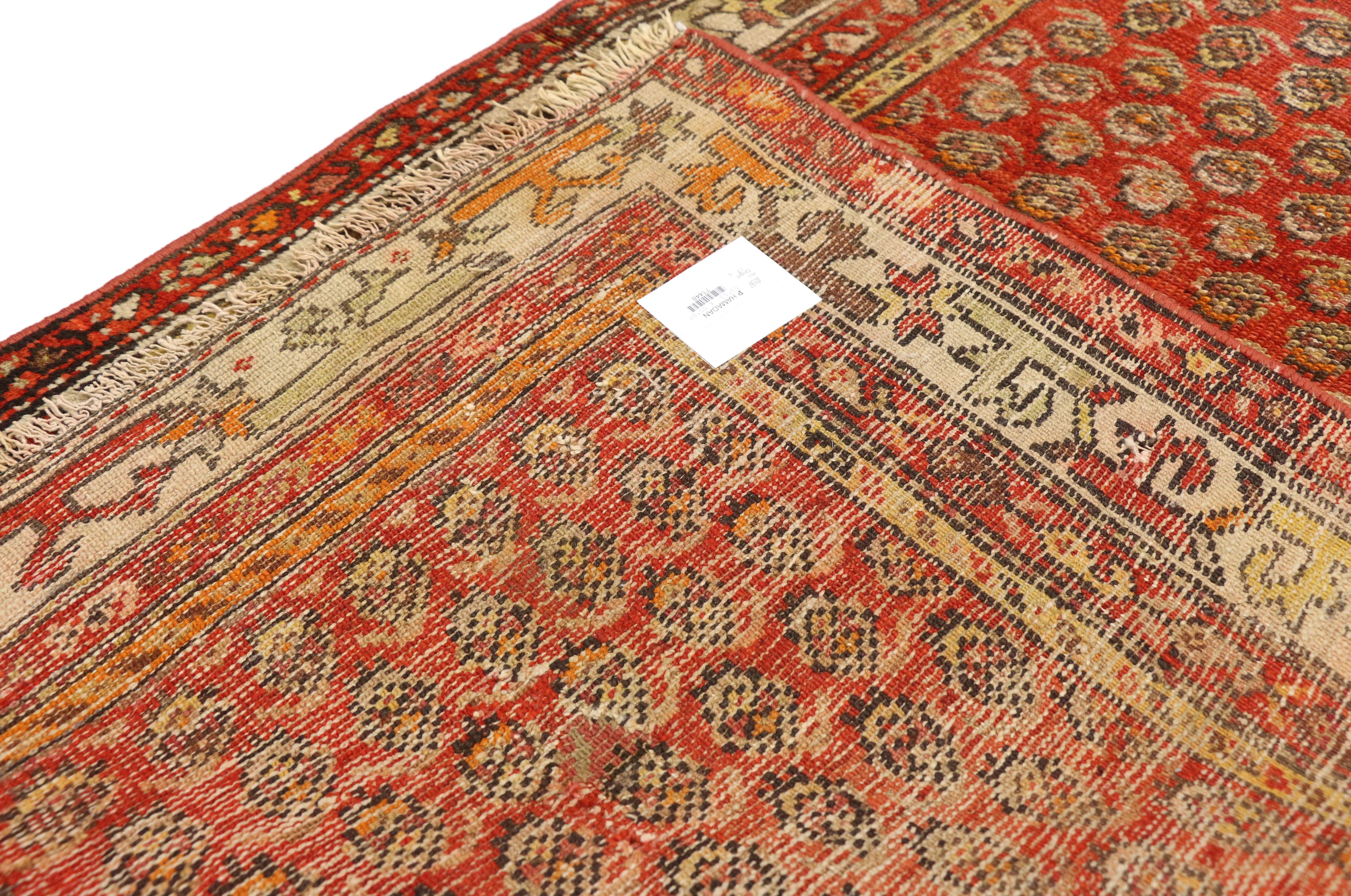 Antique Persian Boteh Hamadan Accent Rug with Tudor House Manor Style In Distressed Condition For Sale In Dallas, TX