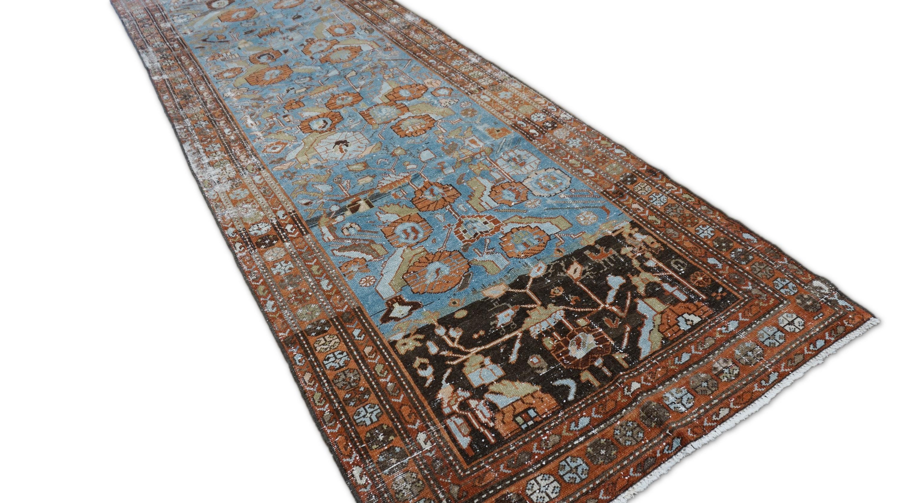 Antike persische Browns Blau Wolle Läufer 3'3''x9'8'' (Neoklassisch) im Angebot