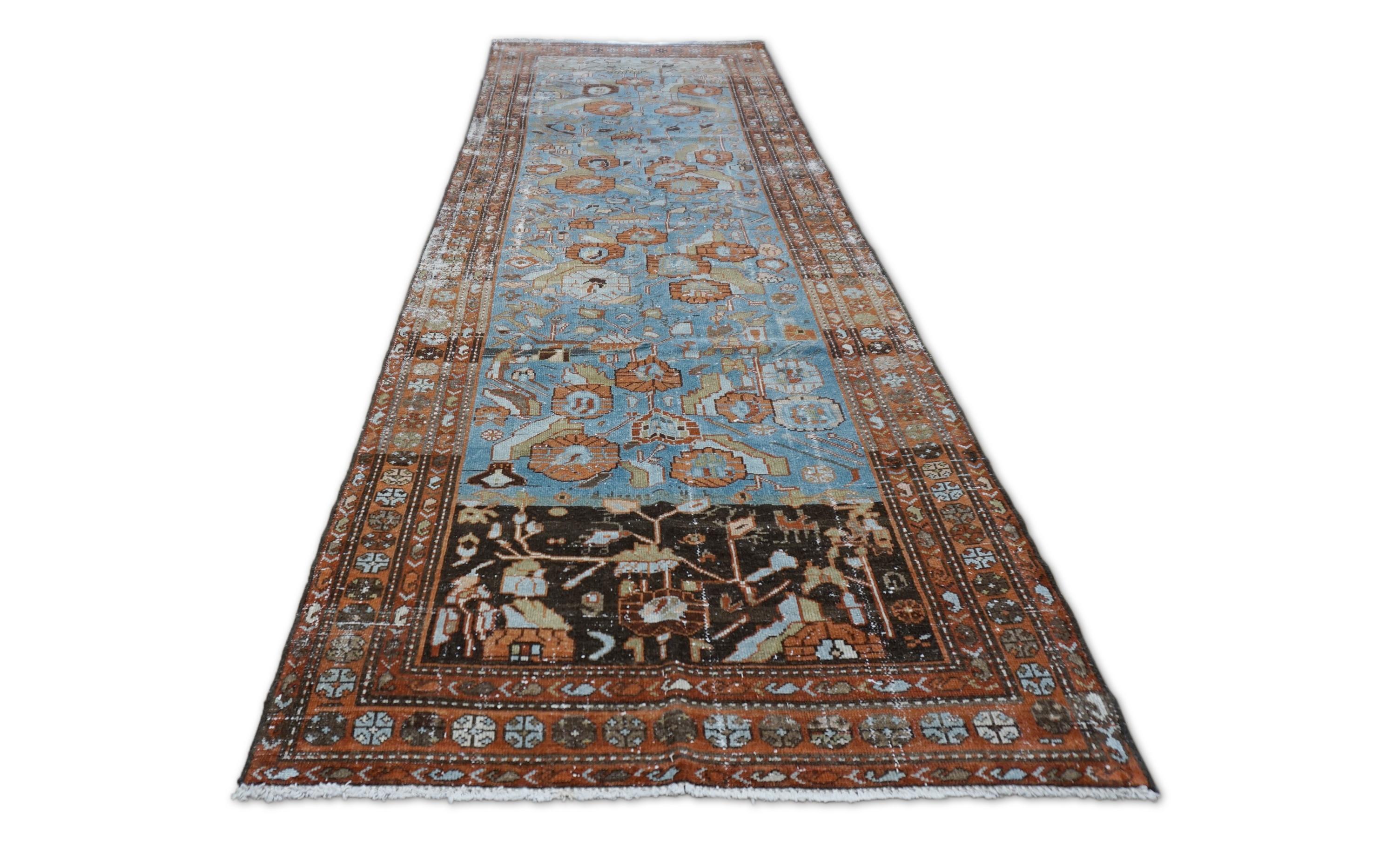 Antike persische Browns Blau Wolle Läufer 3'3''x9'8'' (Persisch) im Angebot