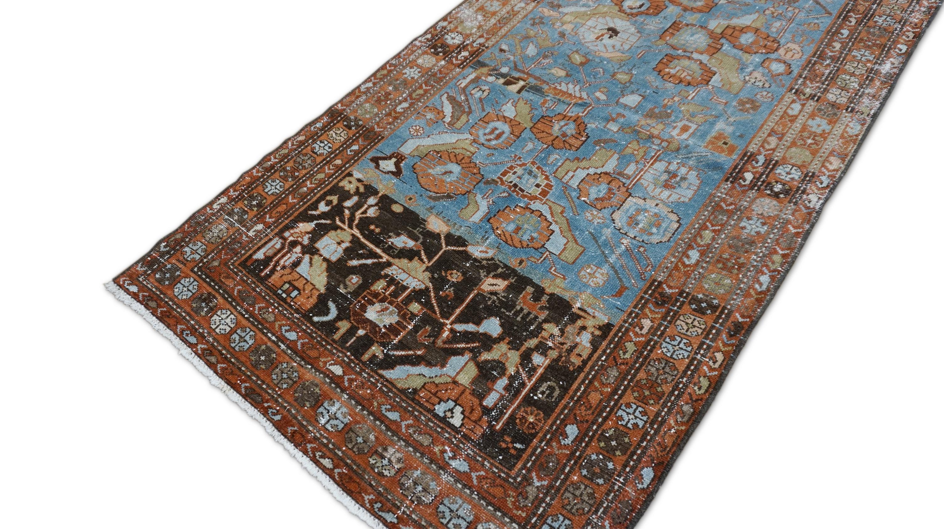 Antike persische Browns Blau Wolle Läufer 3'3''x9'8'' (Handgeknüpft) im Angebot