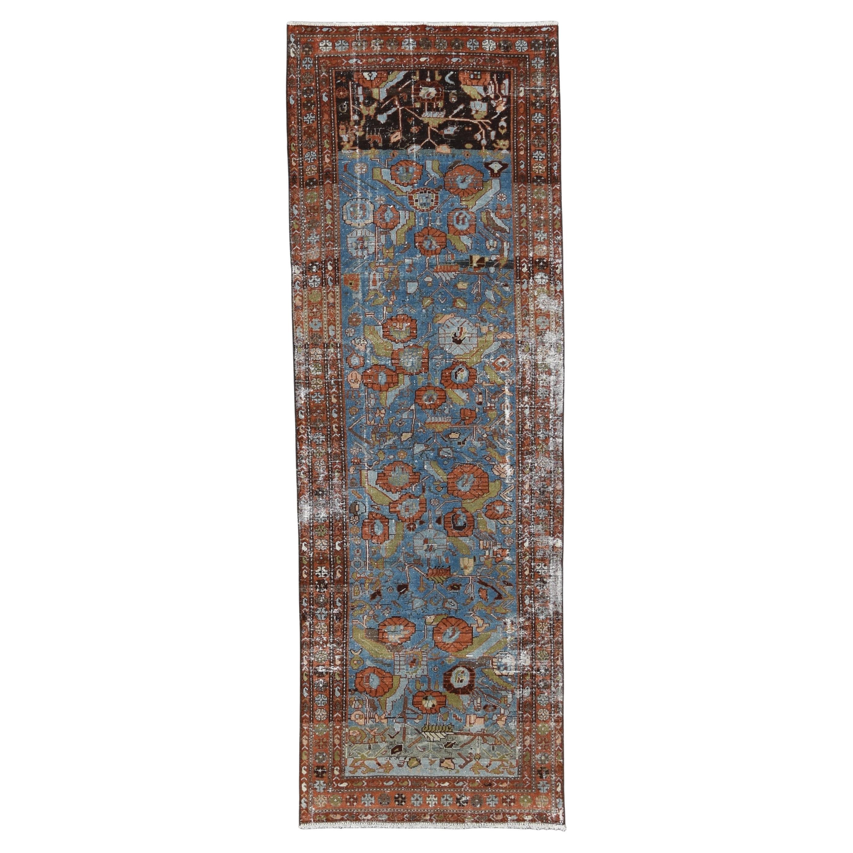 Antike persische Browns Blau Wolle Läufer 3'3''x9'8''