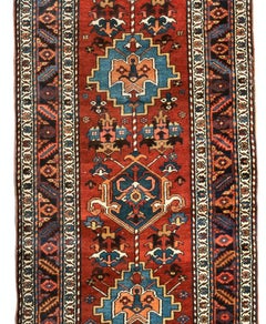 Antique Persian Burgundy Blue Geometric Tribal Heriz Runner Rug circa 1920-1930s
