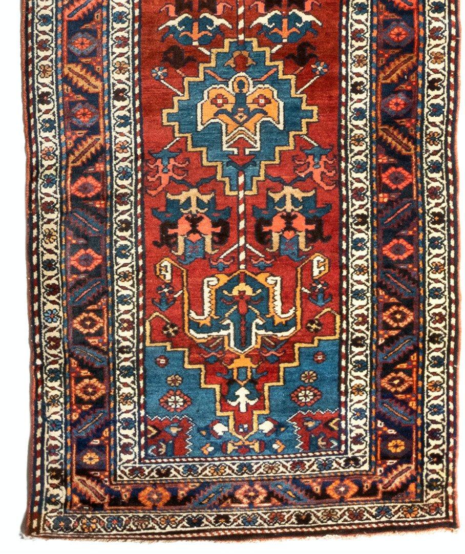 Heriz Serapi Antique Persian Burgundy Blue Geometric Tribal Heriz Runner Rug circa 1920-1930s For Sale