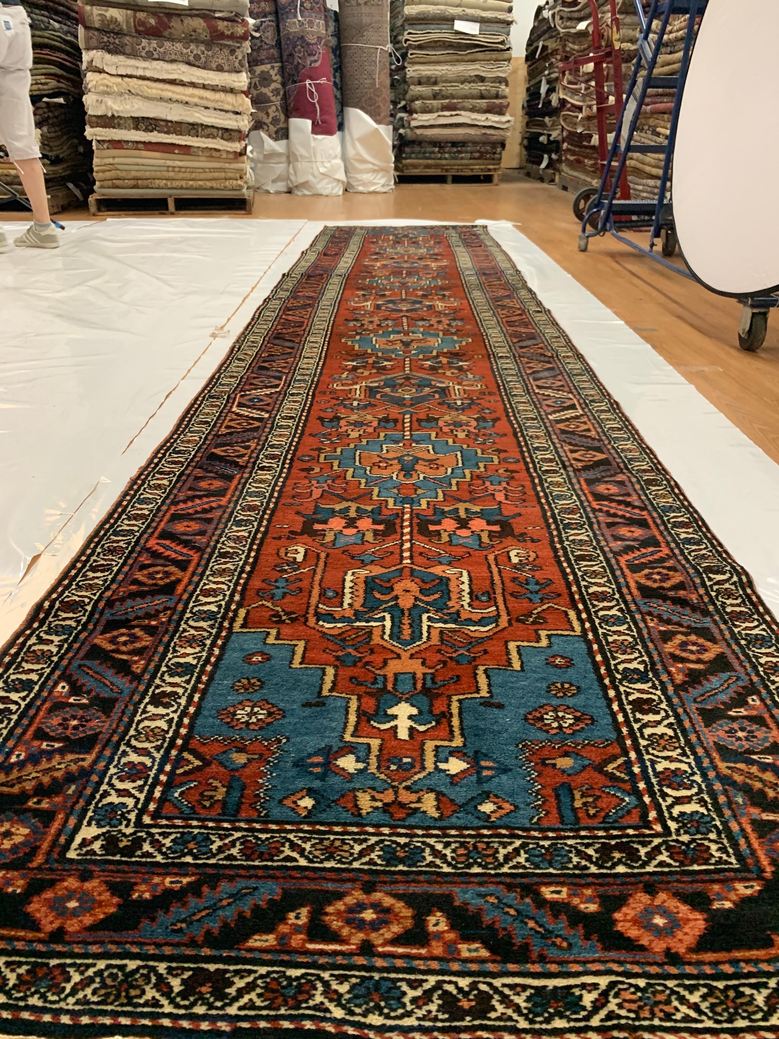 Hand-Knotted Antique Persian Burgundy Blue Geometric Tribal Heriz Runner Rug circa 1920-1930s For Sale