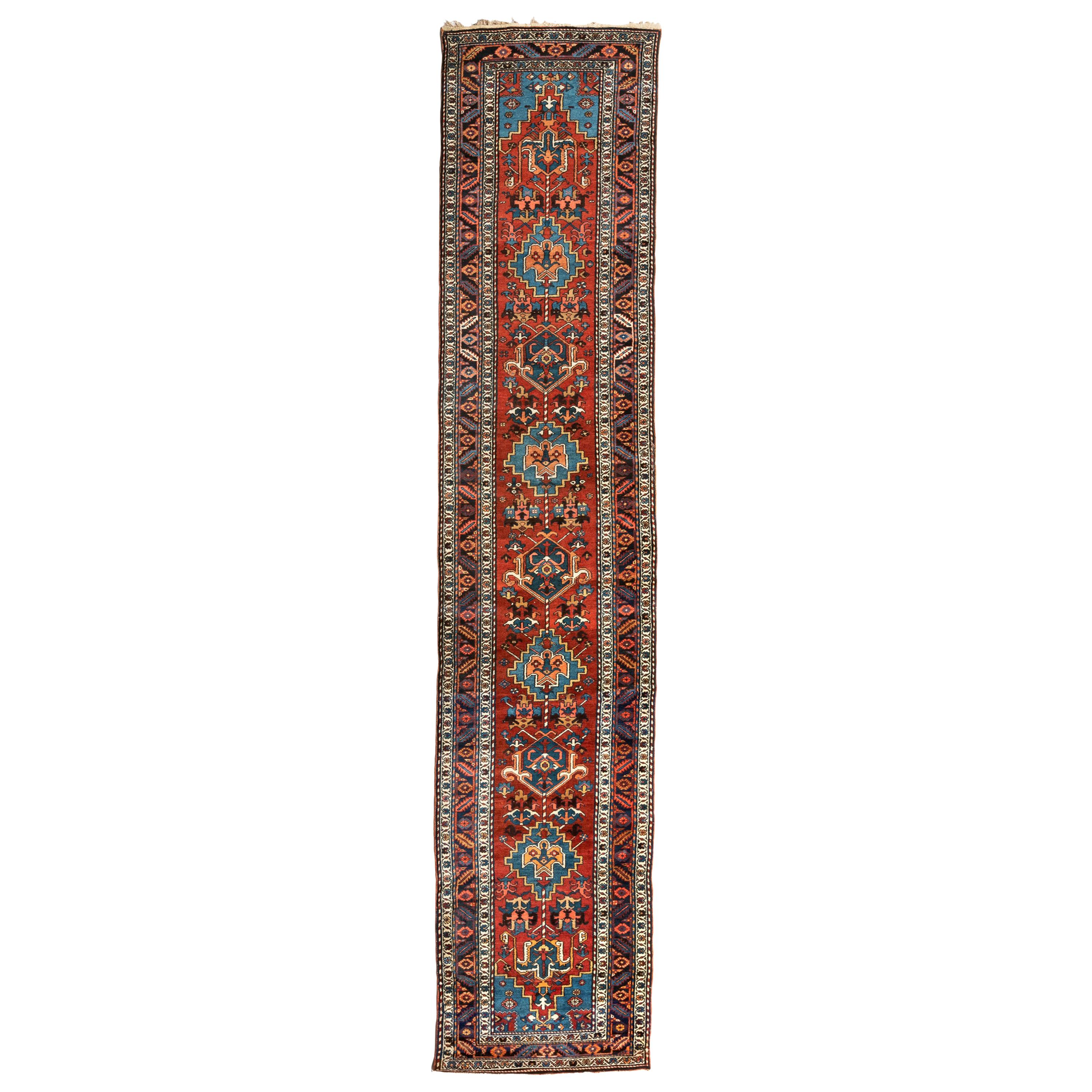Antique Persian Burgundy Blue Geometric Tribal Heriz Runner Rug circa 1920-1930s For Sale
