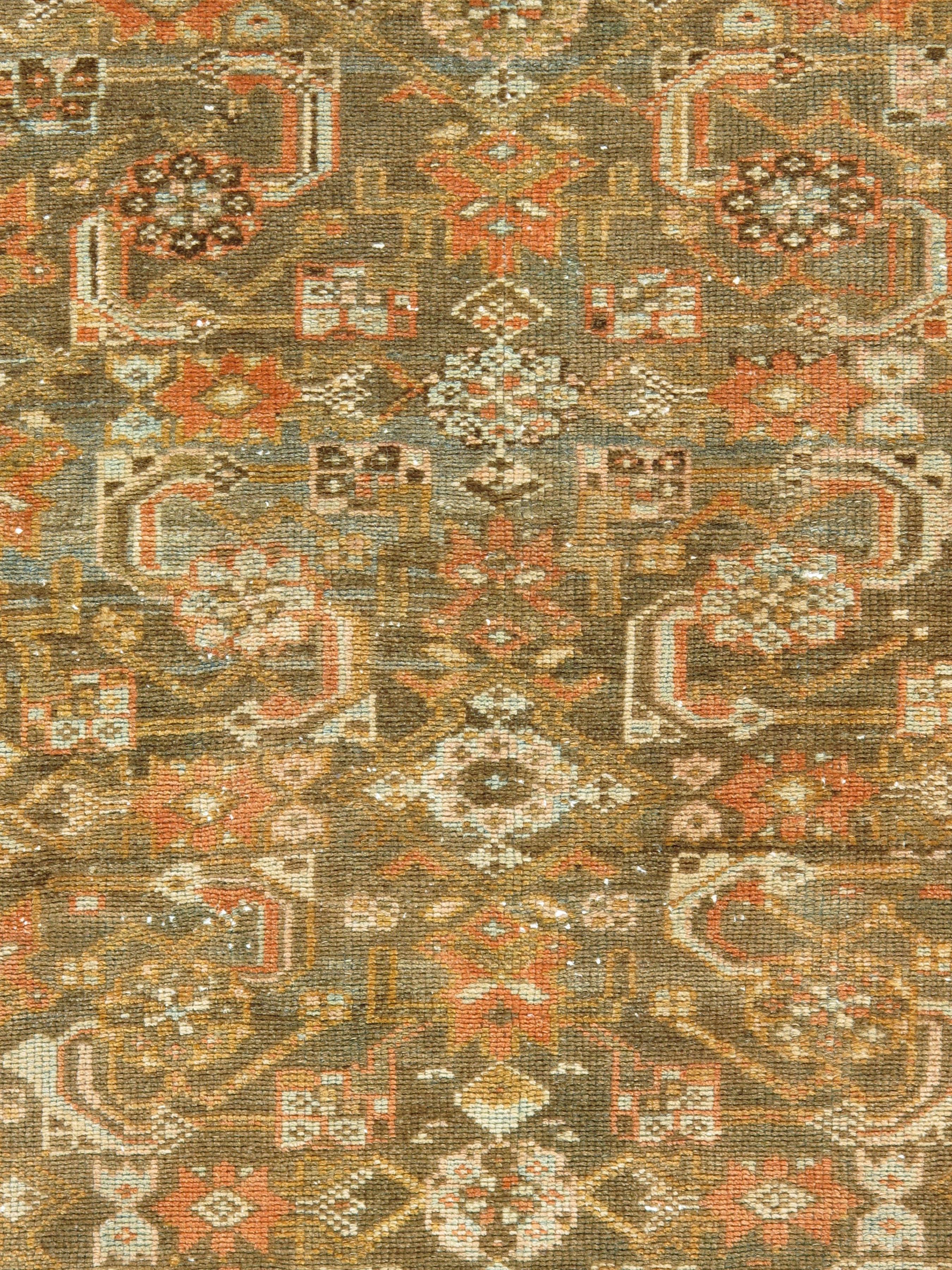 Antigua alfombra persa Malayer naranja quemado, 3'3 x 4'9. Preciosos colores topo/naranja quemado/azules suaves. Las alfombras antiguas de Malayer, al este de Hamadán, podrían considerarse de Hamadán de primera calidad y tienen aspectos