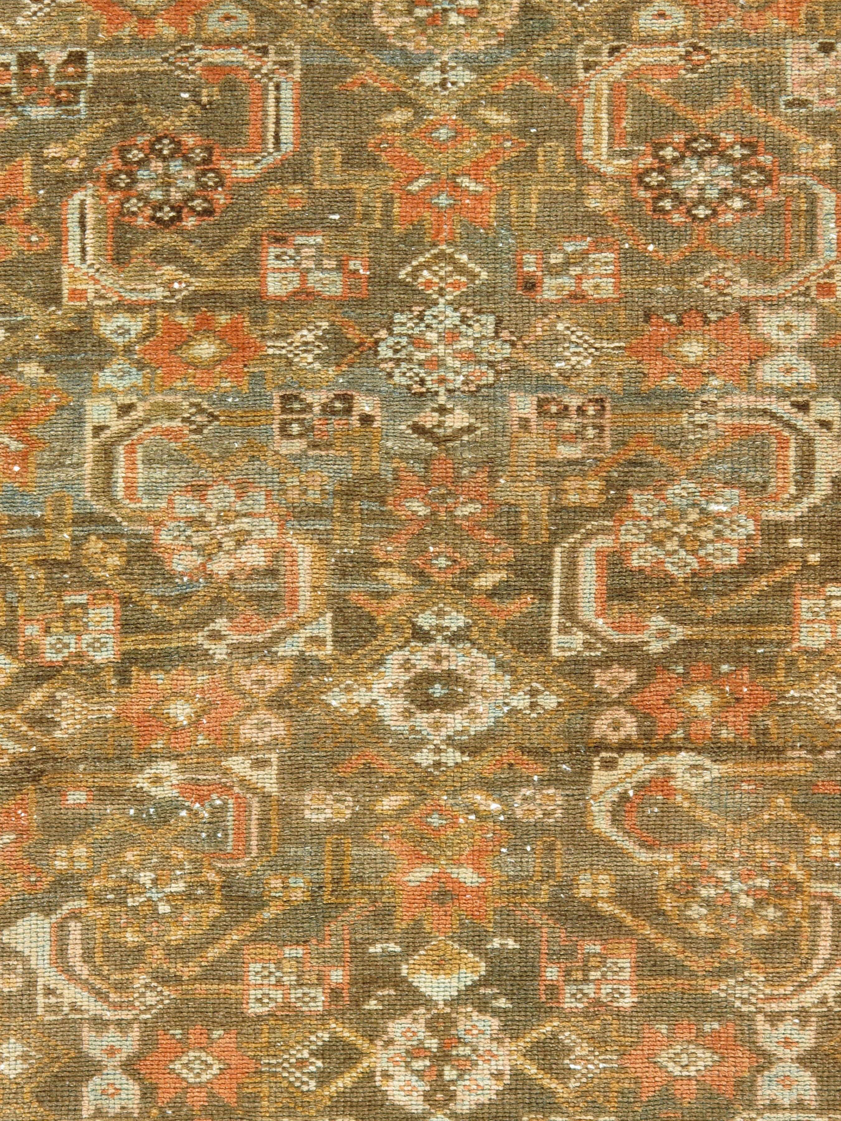 Antique Persian burnt orange Malayer rug, 3'3 x 4'9. Lovely colors of taupe/ burnt orange/ soft blues. Antique rugs from Malayer, east of Hamadan, could be considered top quality Hamadan’s and they hare similar structural aspects. Although seemingly