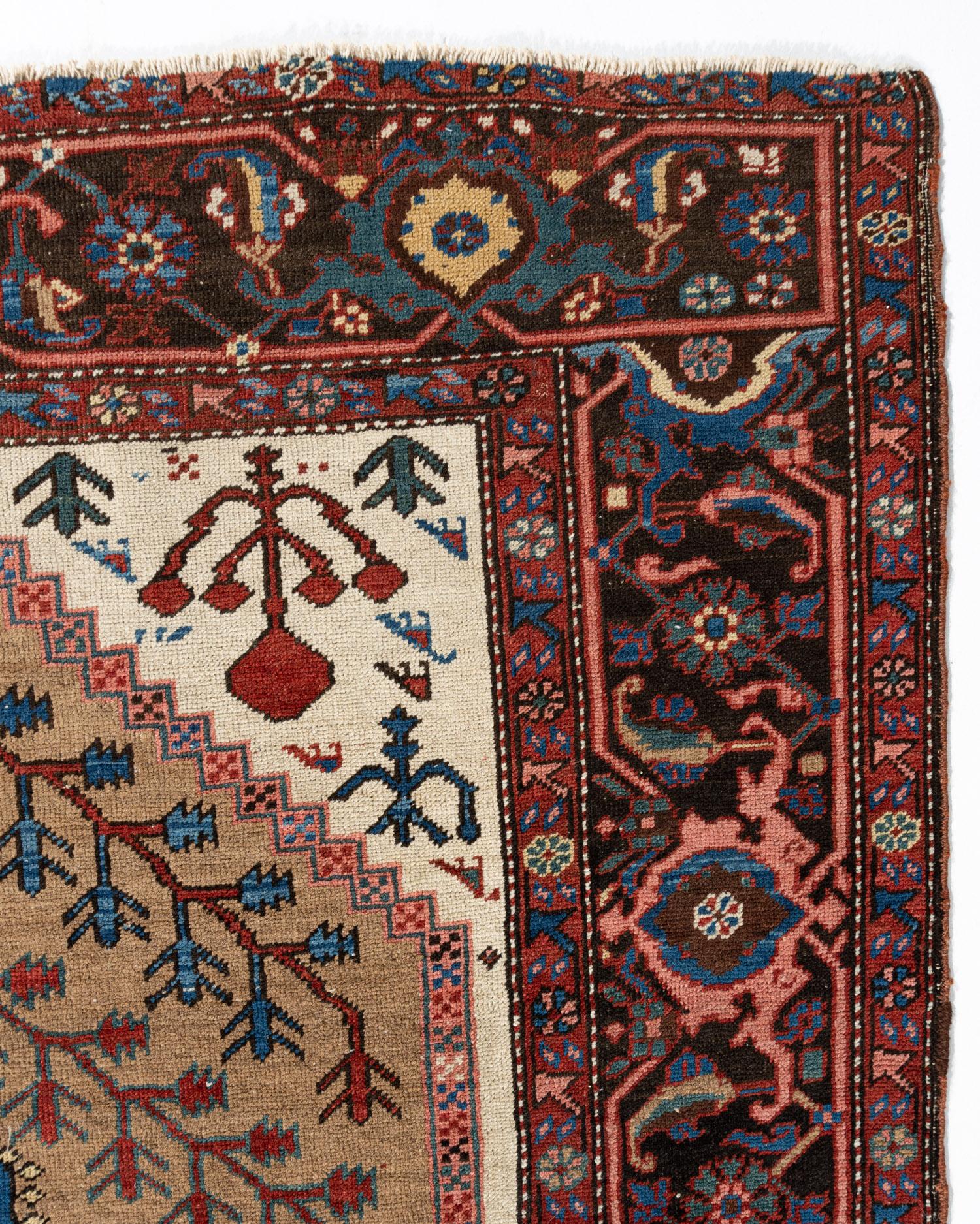 Antique Persian Camel Hair Bakshaish Area rug, 4'6 X 6'6. Although there is no town of Bakshaish in the Heriz weaving area, the term has been applied to those antique rugs & carpets from the later 19th century with generally allover patterns, mellow